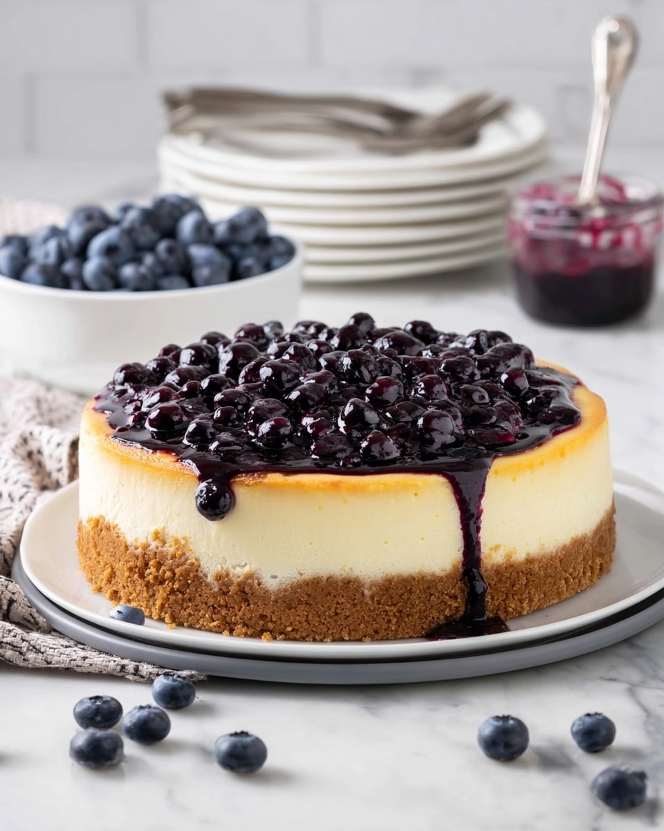 A round cheesecake with three layers sits on a white plate with a thin gray edge, placed on a white marbled surface. The bottom layer is thick, crumbly, and golden brown, making the base. The middle layer is creamy, smooth, and pale yellow, forming the largest part of the cake. The top layer is a glossy pile of dark purple blueberries in syrup, some syrup dripping slightly down the side. In the background, there is a small white bowl full of fresh blueberries, a clear glass bowl of blueberry sauce with a spoon, and a stack of white plates with silver forks. Scattered fresh blueberries are on the surface around the plate. Photo taken with an iphone --ar 4:5 --v 7