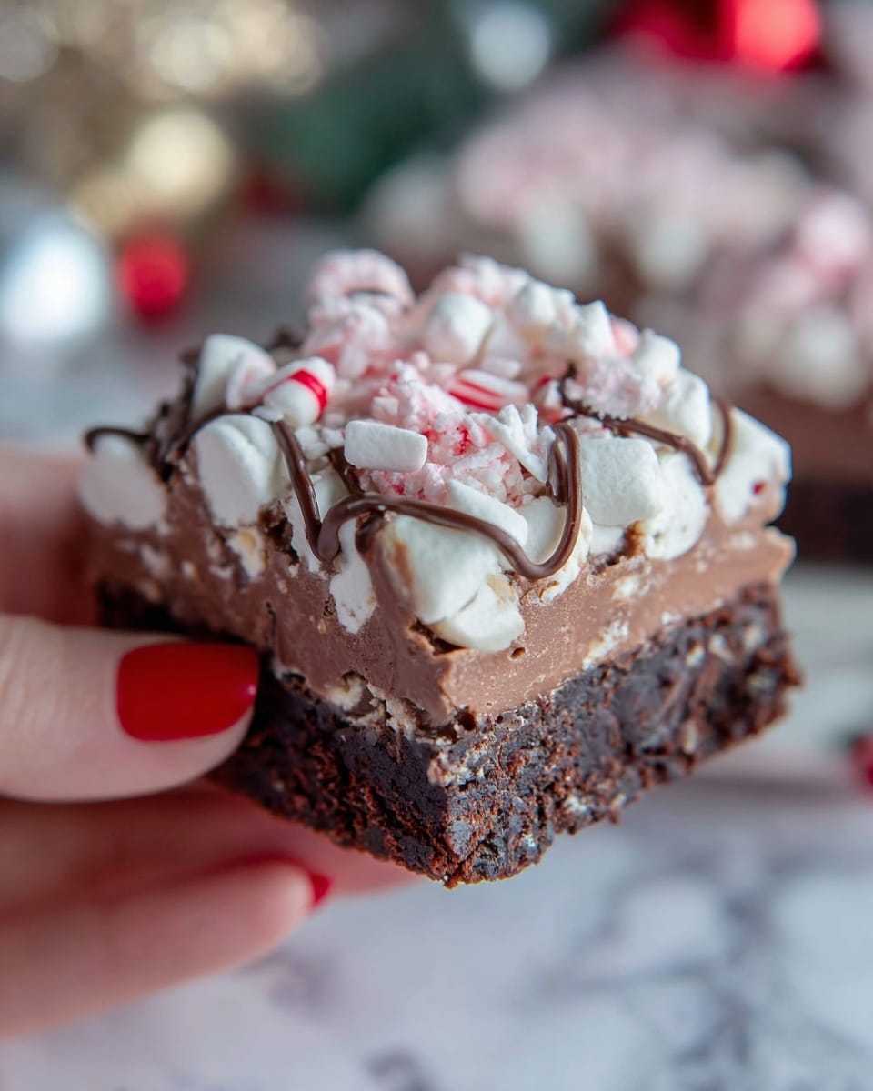 A close-up of a square chocolate dessert held by a woman's hand with red nail polish, showing three main layers: the bottom is dark brown and dense with a crumbly texture, the middle is a lighter chocolate layer filled with white pieces, and the top is covered with small white marshmallows and crushed red-and-white candy, all drizzled with thin dark chocolate lines. The background is a soft blur with hints of festive decorations and the surface has a white marbled texture. photo taken with an iphone --ar 4:5 --v 7