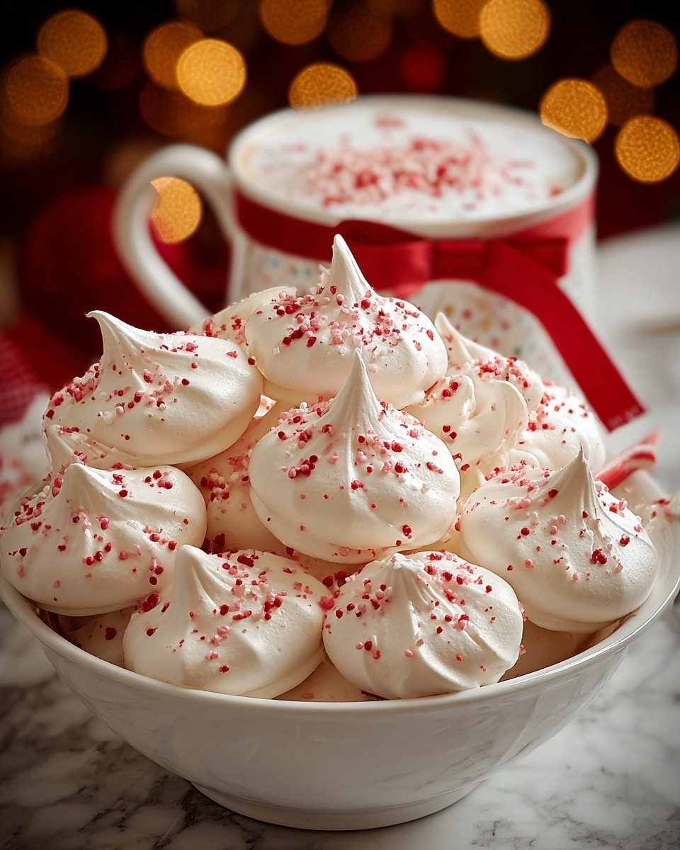 A white bowl is filled with about fifteen small meringue cookies, each one having a smooth, pale cream texture and a pointed top. The meringues are dusted with small red sprinkles evenly scattered over them, adding a festive look. Next to the bowl, there is a white mug with a red ribbon design, partially filled with a frothy drink topped with some foam and red sprinkles. The background shows blurred warm yellow and red lights, creating a cozy holiday feel. The bowl and cup sit on a white marbled surface. photo taken with an iphone --ar 4:5 --v 7