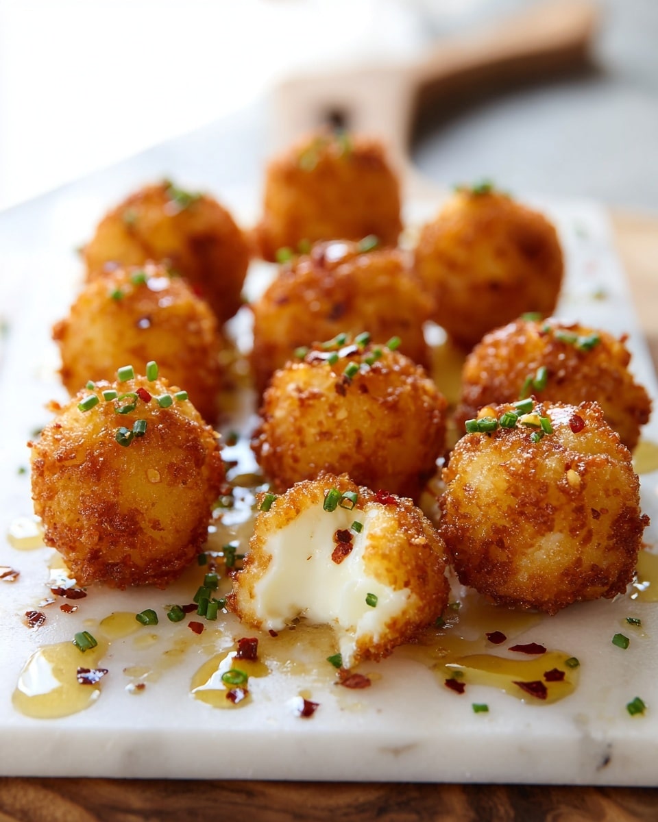A white marble board holds about seventeen small, round, golden brown fried cheese balls, each with a crispy texture. One cheese ball in the front is bitten to show soft white cheese inside. The balls are lightly drizzled with a shiny honey-like syrup and sprinkled with small green chopped chives and tiny red pepper flakes, adding spots of green and red over the warm tones of the cheese balls. The background is softly blurred with a white marbled texture below, and a wooden handle peeks blurred at the back. photo taken with an iphone --ar 4:5 --v 7