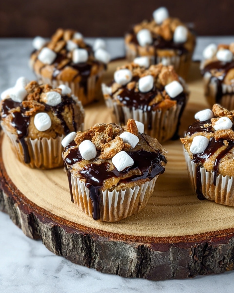A group of muffins arranged on a round wooden board with bark edges, each muffin wrapped in a white paper liner. The muffins have a light golden brown top, drizzled with dark chocolate sauce that flows down the sides. On top of the chocolate drizzle, small white mini marshmallows and crumbled light brown cookie pieces are scattered, creating texture and contrast. The board is placed on a white marbled texture background, making the muffins stand out clearly in the image. photo taken with an iphone --ar 4:5 --v 7