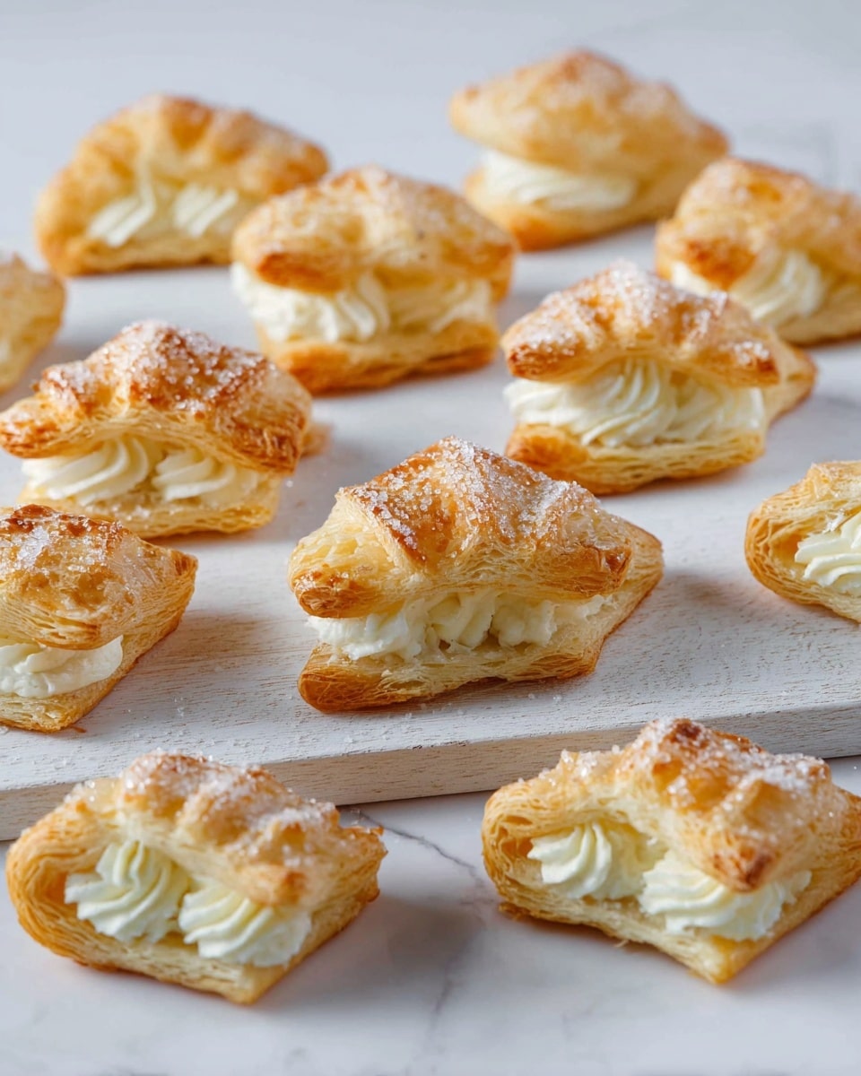The image shows several small puff pastries with a golden-brown, flaky outer layer, arranged on a white wooden board and some directly on a white marbled surface. Each pastry is split horizontally, with a visible layer of white cream piped in between. The pastries have a slightly rough and crunchy texture on top, with some sugar sprinkled over them, giving them a sparkling look. The shapes vary slightly, some looking rounded while others appear more star-like or irregular. The white cream filling is thick and piped neatly with small swirls. photo taken with an iphone --ar 4:5 --v 7