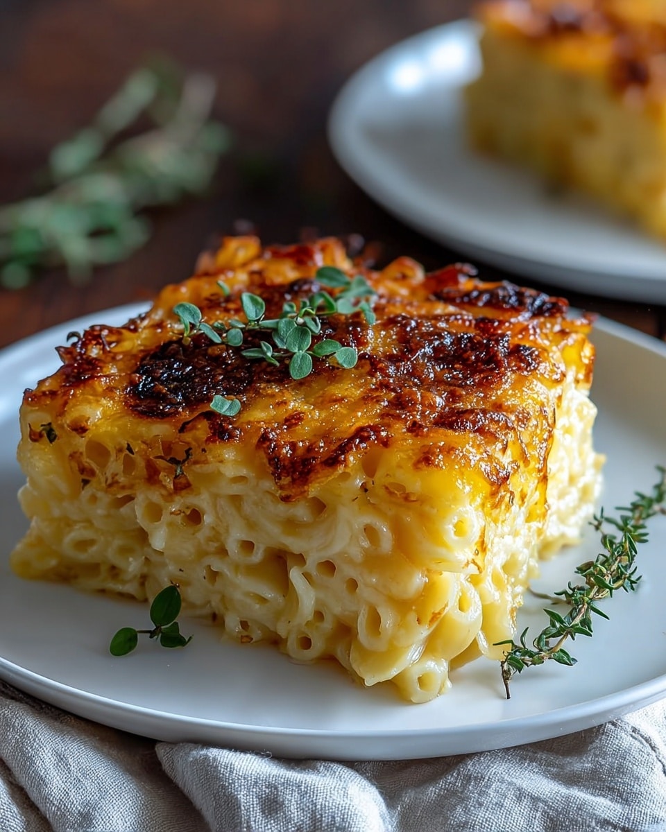 A square slice of baked pasta sits in the center of a white plate. The bottom layer is soft, pale yellow macaroni noodles tightly packed together. The top layer is golden brown with a crispy, slightly burnt cheese crust that looks textured and bubbly. A small sprig of fresh green herbs lies on top, adding color contrast. The plate rests on a dark wooden table with a soft, neutral cloth nearby. Photo taken with an iphone --ar 4:5 --v 7