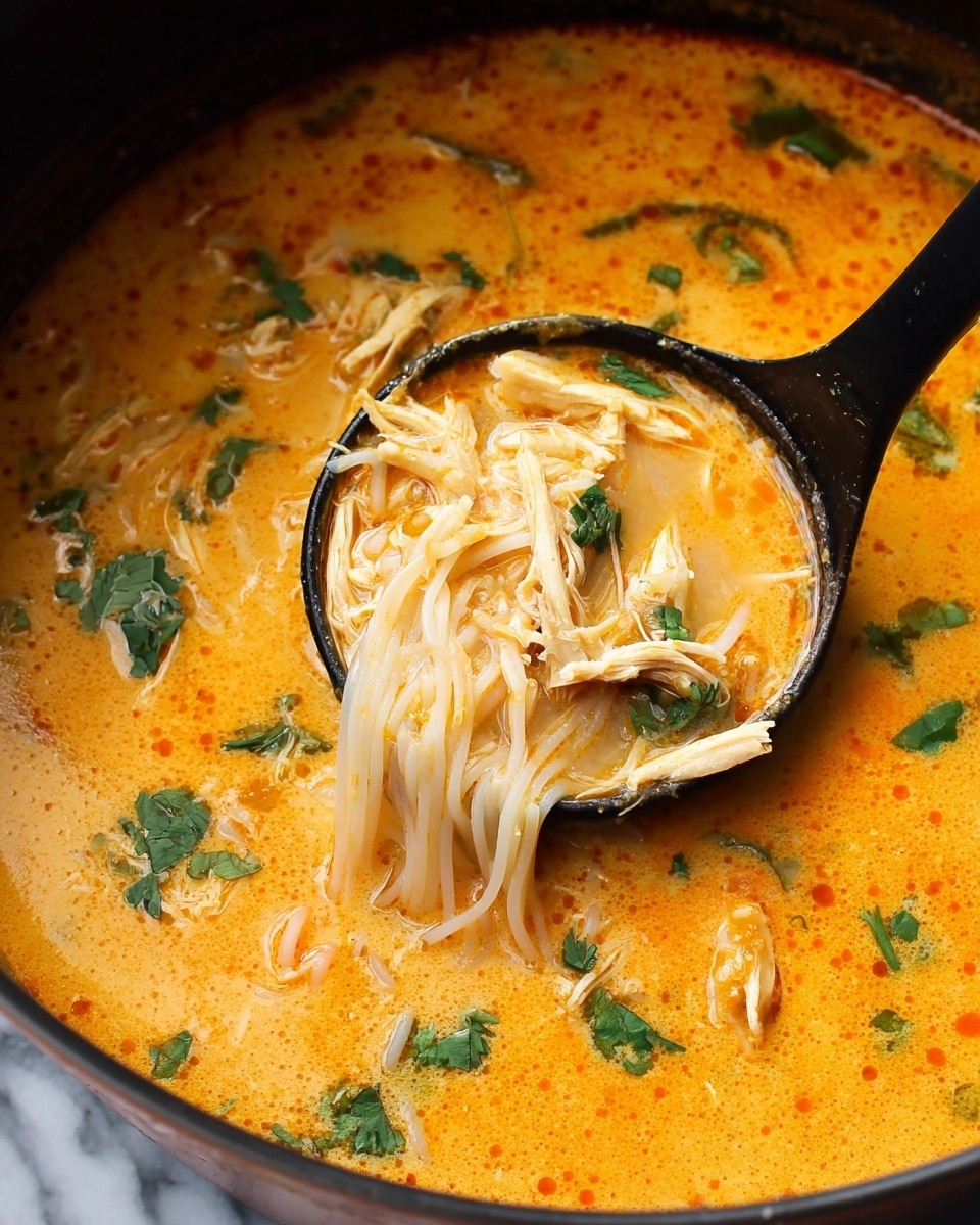The image shows a pot filled with creamy orange soup with thin white noodles submerged in it. A black ladle dips into the soup, lifting a small bundle of noodles mixed with some shredded chicken, floating near the center. Bright green chopped herbs, likely cilantro, are scattered on the surface, adding small spots of color. The soup's texture looks smooth with a slightly oily surface, flecked with light seasoning. The pot edge is dark, contrasting with the vivid colors of the soup inside. The background is a white marbled texture. photo taken with an iphone --ar 4:5 --v 7
