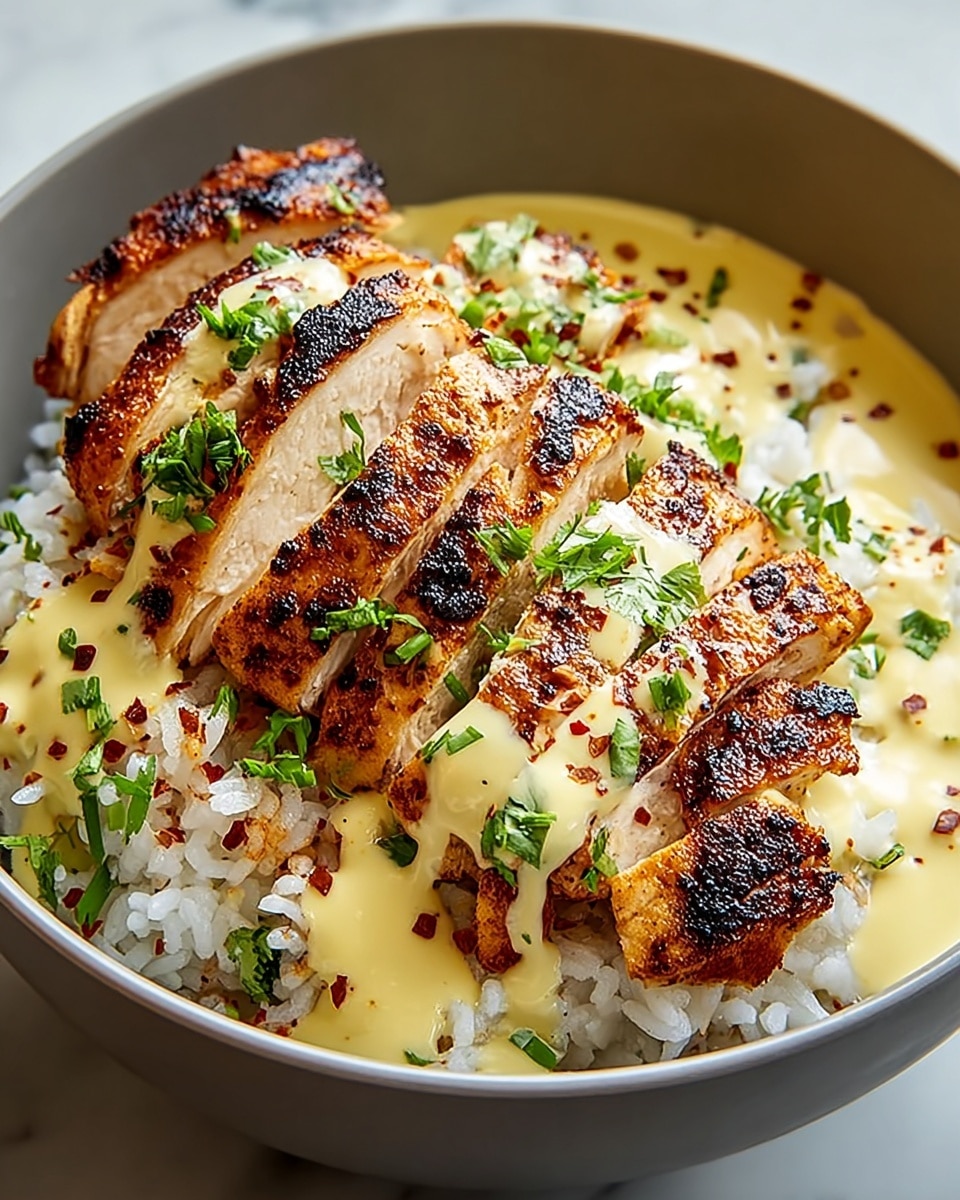 A white bowl holds a bed of white rice as the base layer, topped by a second layer of thick grilled chicken slices showing a golden-brown charred crust with juicy white meat inside. The third layer is a creamy light yellow sauce drizzled generously over the chicken and around the rice, sprinkled with small red spices. Fresh green chopped herbs are scattered over the top, adding a pop of color. The bowl sits on a white marbled surface with soft lighting enhancing the textures and colors. Photo taken with an iphone --ar 4:5 --v 7