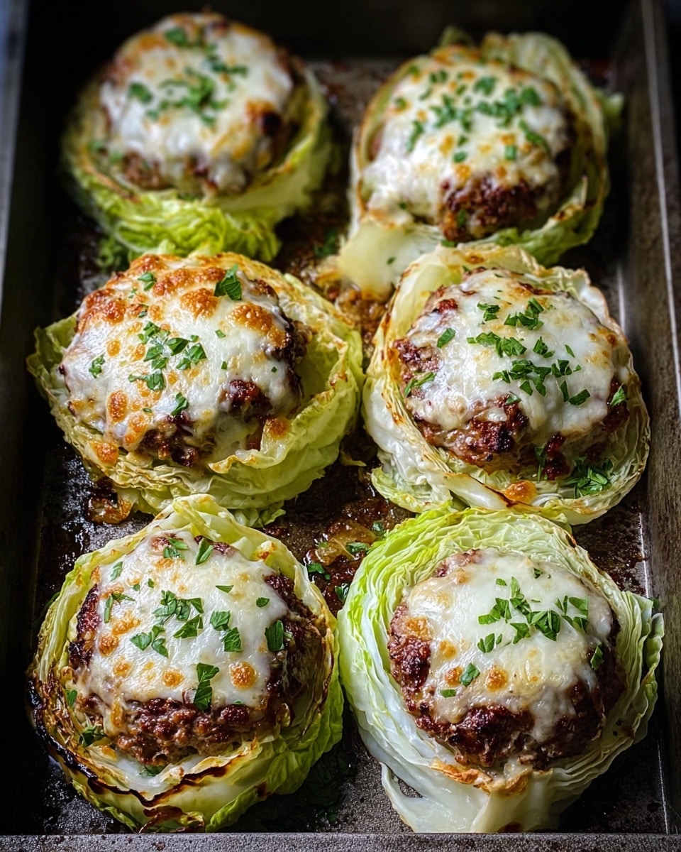 The image shows six round meat patties placed on thick, pale green cabbage leaf bases arranged on a dark, textured baking tray. Each patty is cooked to a brown, grilled texture with a layer of melted white cheese on top, slightly browned and bubbly, sprinkled with small green herb pieces. The cabbage leaves have a slightly roasted, crinkled look from baking, and the tray has some browned bits and juices around the patties. The setup is simple, focusing on the warm, savory layers of cabbage, meat, and cheese. photo taken with an iphone --ar 4:5 --v 7