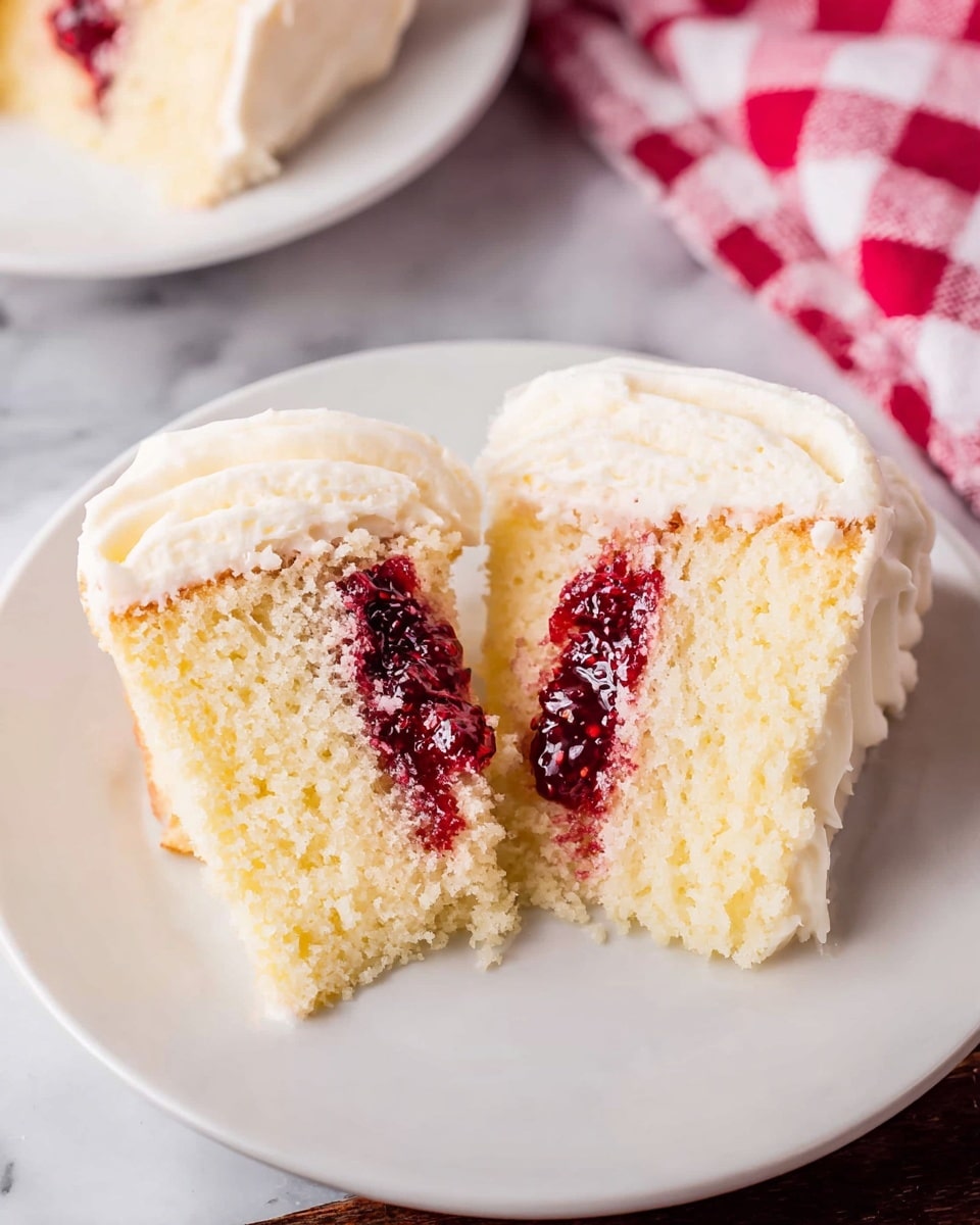 Two pieces of soft, light yellow cake sit on a white plate, each cut to show a middle layer of dark red berry jam. The top of the cake is covered with thick, creamy white frosting that has a slightly swirled texture. The background is a white marbled surface, with part of a red and white checkered cloth visible on the side. Photo taken with an iphone --ar 4:5 --v 7