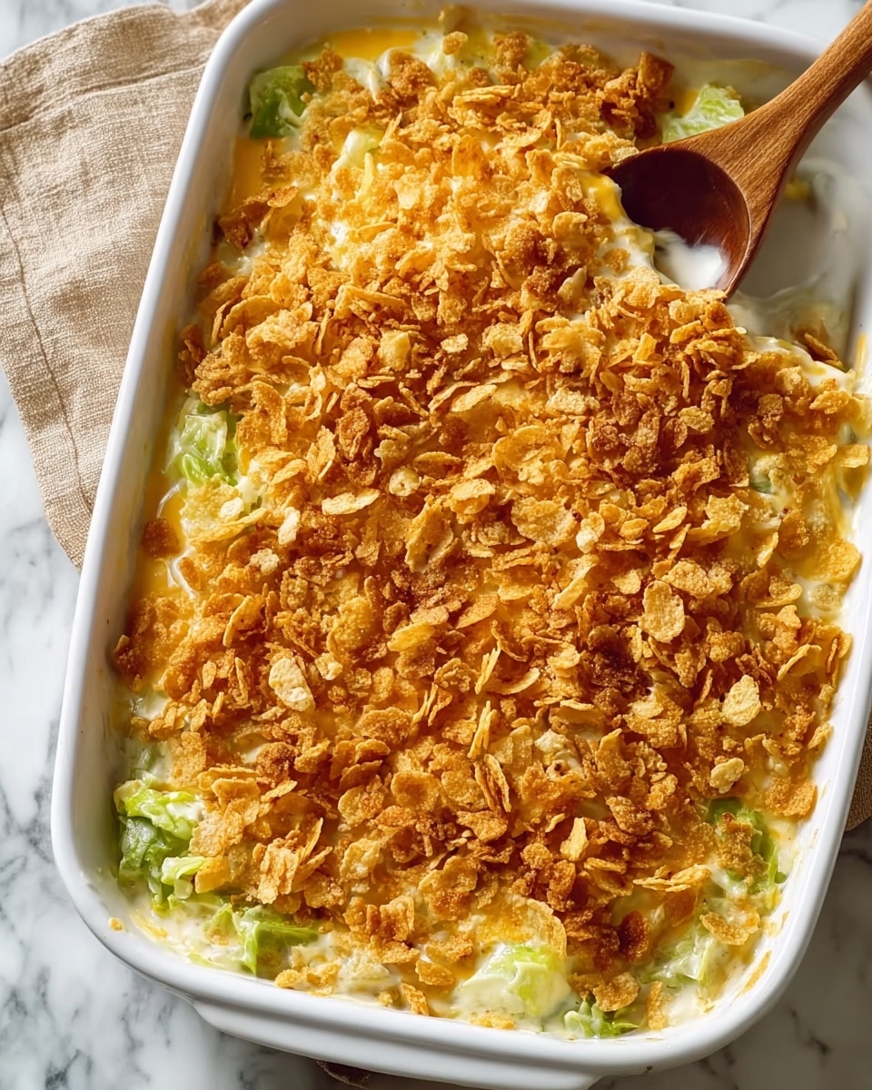 The image shows a white rectangular baking dish filled with a layered casserole. The bottom layer is a light green mixed with creamy sauce, possibly cooked cabbage or lettuce with cheese sauce. The middle layer is a creamy white sauce mixed with some cheese, giving a smooth and soft texture. The top layer is a crunchy golden brown topping, looking like crushed cornflakes or crispy breadcrumbs, covering the entire surface evenly. A wooden spoon is resting inside the dish at the top right corner, and the dish is set on a white marbled surface with a beige cloth napkin visible on the left side. Photo taken with an iphone --ar 4:5 --v 7