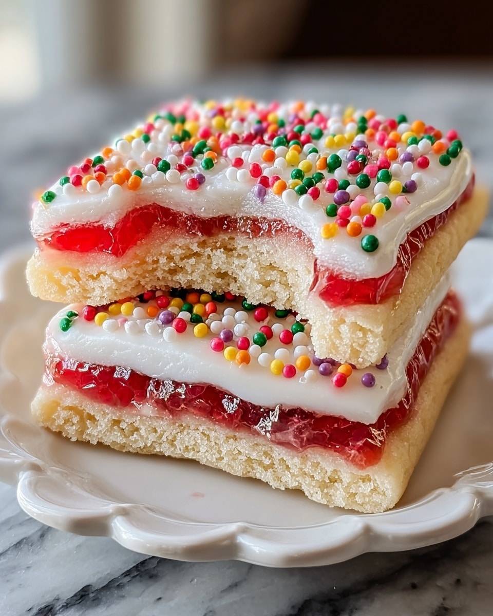 The image shows two square cookies stacked on a white plate with a scalloped edge, placed on a white marbled surface. Each cookie has three visible layers: the bottom layer is a pale golden, soft cookie base with a slightly crumbly texture; the middle layer is a bright red jelly filling with a shiny, gel-like look; the top layer is a thick white frosting spread evenly and covered with small round colorful sprinkles in red, green, yellow, orange, and purple. The top cookie is broken in half, showing the clear separation of the jelly filling and frosting layers inside. Photo taken with an iphone --ar 4:5 --v 7