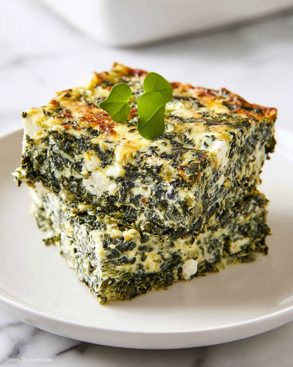 A close-up image of two square pieces of spinach and cheese casserole stacked on a white plate, each piece showing layers of dark green spinach mixed with light yellow and white cheese, giving a textured and slightly moist appearance. The top layer is mostly dark green with flecks of white, and the casserole looks thick with visible bits of cooked spinach and cheese evenly spread. A small green herb sprig decorates the top piece, and the plate rests on a white marbled surface. photo taken with an iphone --ar 4:5 --v 7