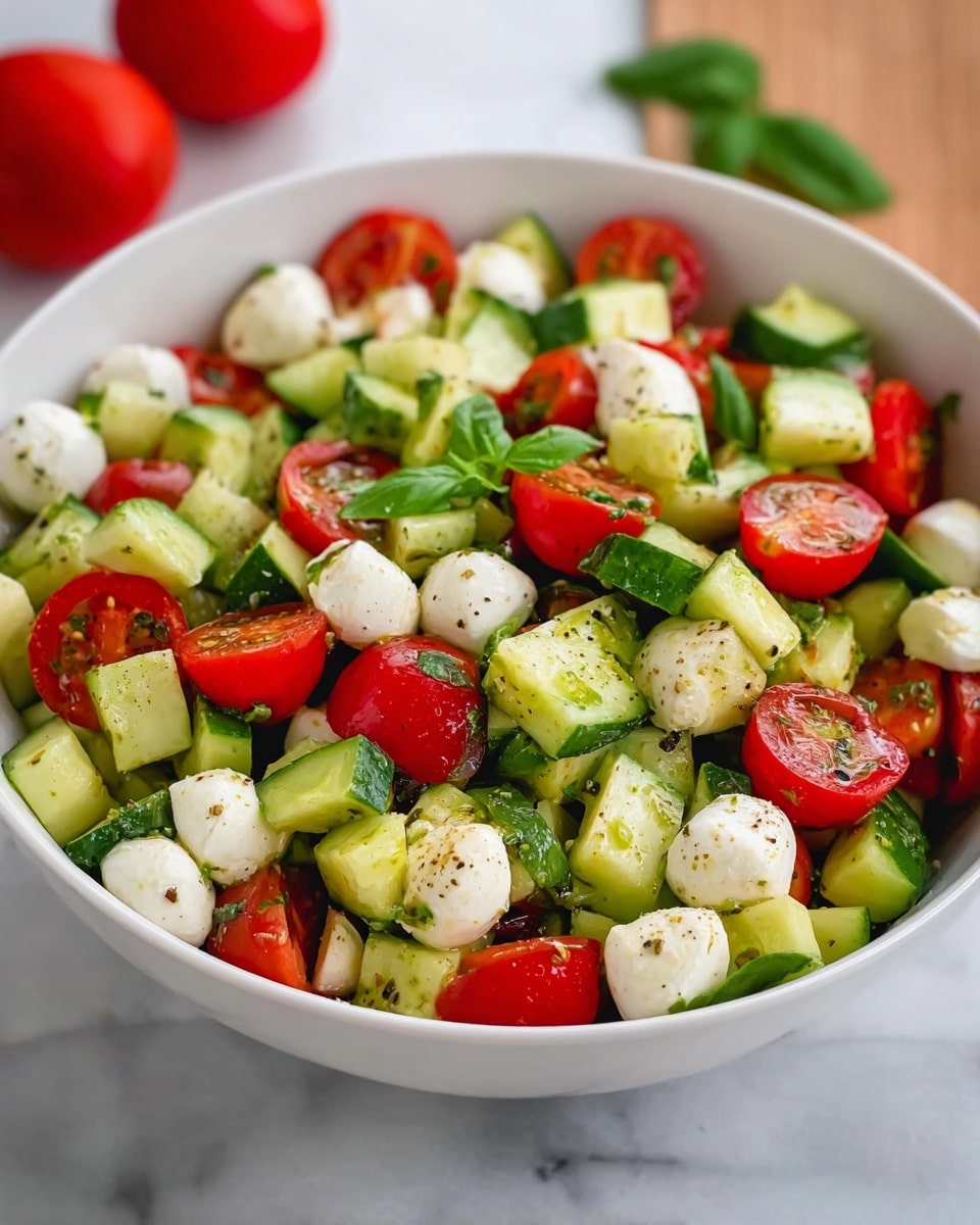 A white bowl filled with a fresh salad made of multiple layers of chopped ingredients. The base layer consists of bright green cucumber pieces cut into small chunks. Mixed evenly throughout are halved cherry tomatoes showing their juicy red interiors. Scattered among the vegetables are small white mozzarella balls, some dotted lightly with black pepper. Fresh green basil leaves are placed on top and mixed in, adding a leafy texture and vibrant color. The whole salad has a light sheen of dressing that makes the colors look fresh and appetizing. The bowl is placed on a white marbled surface, and a couple of red tomatoes sit blurred in the background. photo taken with an iphone --ar 4:5 --v 7
