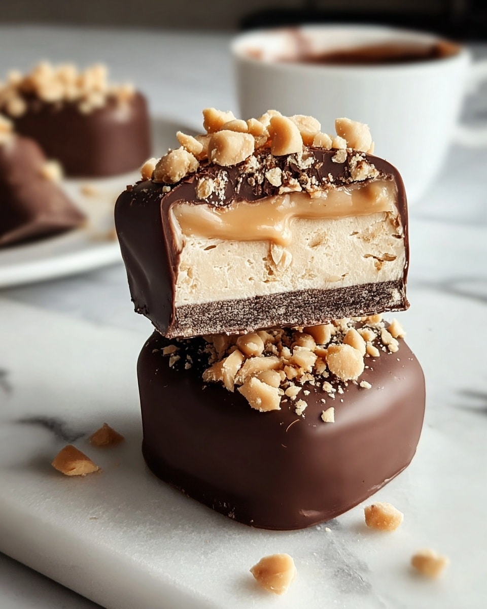 A close-up image shows two pieces of a chocolate-covered dessert stacked on top of each other on a white marbled surface. The bottom piece is fully coated in smooth brown chocolate with small crunchy peanut bits sprinkled on top. The top piece is cut in half, revealing three layers: a thick outer layer of milk chocolate, a thin dark chocolate base layer, and a thick creamy beige center with a smooth texture. More peanut bits are scattered on top of the cut piece, adding texture. In the background, there is a white cup filled with chocolate, slightly out of focus. photo taken with an iphone --ar 4:5 --v 7