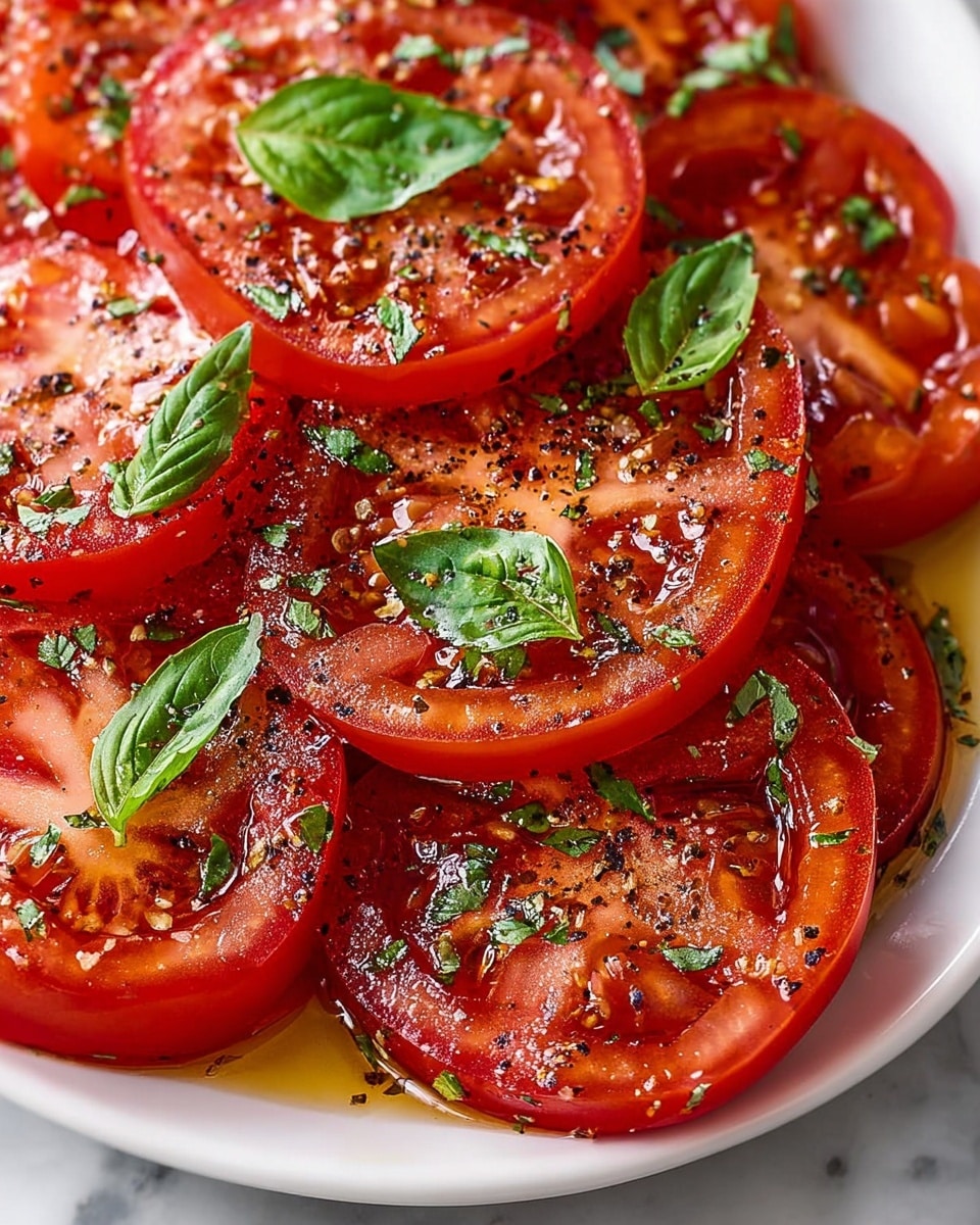 The image shows several thick slices of red tomatoes arranged in layers on a white plate, with fresh green basil leaves placed on top. Each tomato slice has a glossy texture from a drizzle of oil, and they are sprinkled generously with chopped herbs and black pepper, giving the surface a speckled green and black look. The tomato slices have a juicy, slightly translucent appearance, showing their inner seeds and flesh clearly. The plate rests on a white marbled surface, enhancing the vibrant colors of the tomatoes and herbs. Photo taken with an iphone --ar 4:5 --v 7