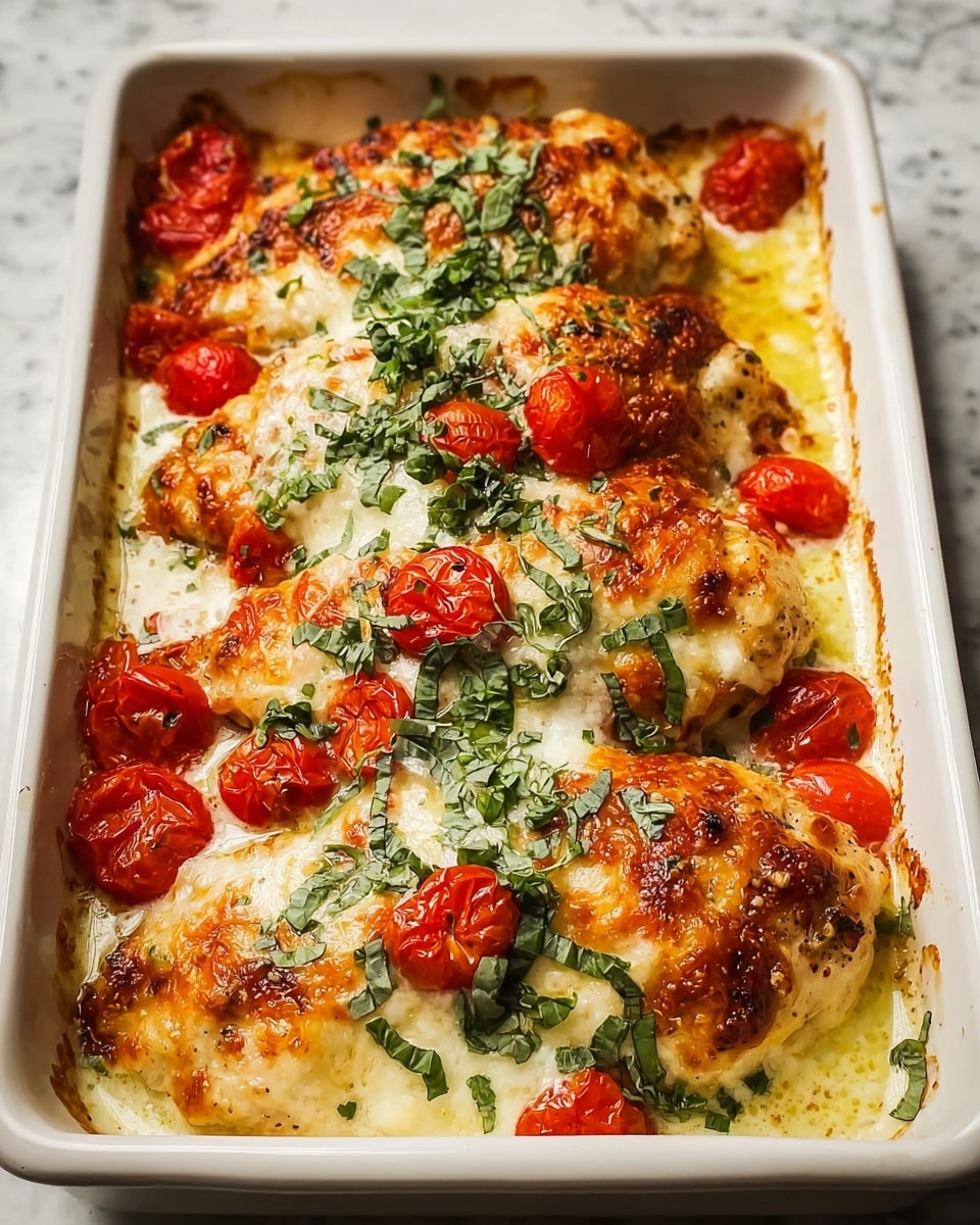 A white rectangular baking dish holds three large pieces of baked chicken breast, each covered with a thick layer of melted, golden-brown cheese that is bubbly and slightly crispy on top. Bright red roasted cherry tomatoes are scattered on and around the chicken, adding vibrant pops of color. Fresh green basil leaves and finely chopped herbs are sprinkled over the chicken, giving a fresh contrast to the rich cheese and tomatoes. The creamy sauce beneath the chicken is light yellow with a slightly oily texture, visible around the edges of the dish. The photo is taken close up on a white marbled surface, highlighting the rich textures and colors of the dish. photo taken with an iphone --ar 4:5 --v 7