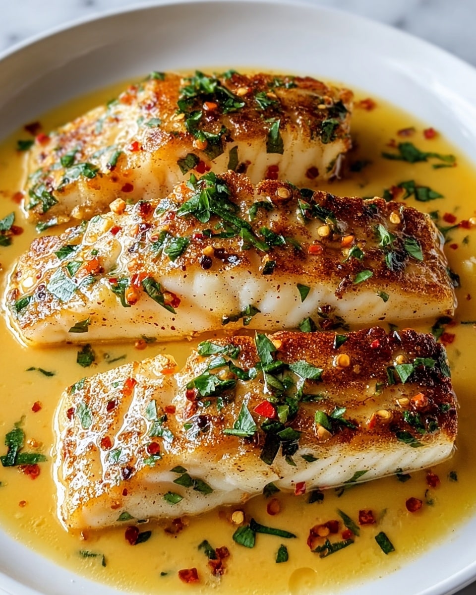 Three cooked fish fillets are placed on a white plate, covered in a golden sauce with small red and green bits of herbs and spices. The fish has a slightly browned, crispy texture on the outside, with white flaky flesh visible on the sides. The sauce pools around the fillets, shining with a smooth, creamy look. Small green herb pieces are scattered on top and around the plate, adding fresh color contrast. The plate sits on a white marbled surface. photo taken with an iphone --ar 4:5 --v 7