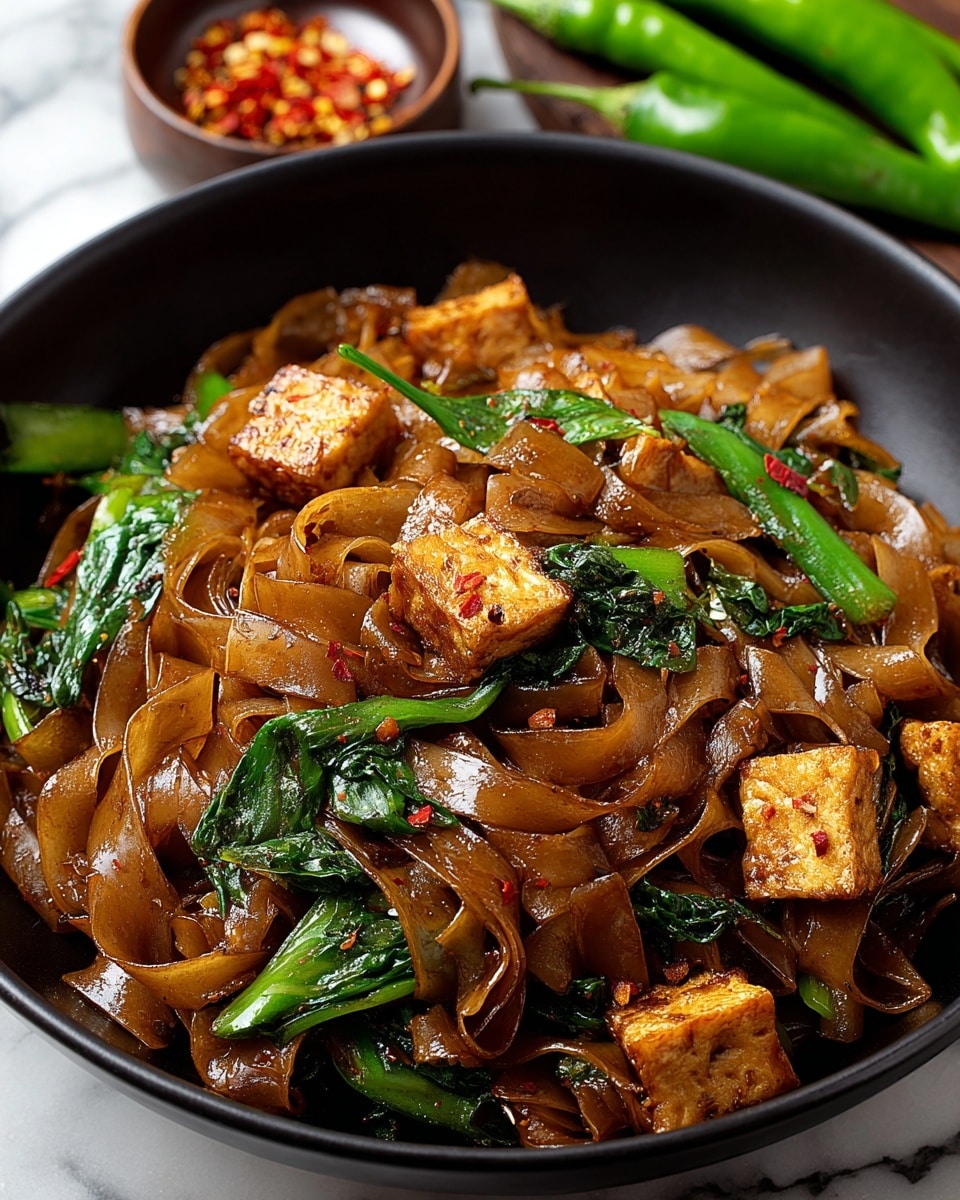 A black bowl filled with stir-fried wide flat rice noodles coated in a glossy brown sauce, mixed with golden-brown fried tofu cubes and bright green leafy vegetables scattered evenly throughout. The noodles have a slightly translucent, shiny texture, twisted and layered naturally, with red chili flakes adding small specks of color. The bowl is set on a white marbled surface with a blurred background showing fresh green chili peppers and a small dish of red chili flakes. Photo taken with an iphone --ar 4:5 --v 7