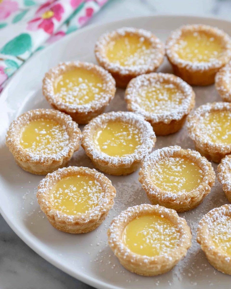 The image shows a white plate with around a dozen small lemon tarts arranged closely together. Each tart has two layers: a golden-brown crust with a slightly rough texture forming the base and sides, and a smooth, glossy, pale yellow lemon filling in the center. The tarts are lightly dusted with white powdered sugar, creating a soft speckled effect on top and around the edges. The plate is placed on a white marbled surface with a floral cloth visible on the upper left side. Photo taken with an iphone --ar 4:5 --v 7