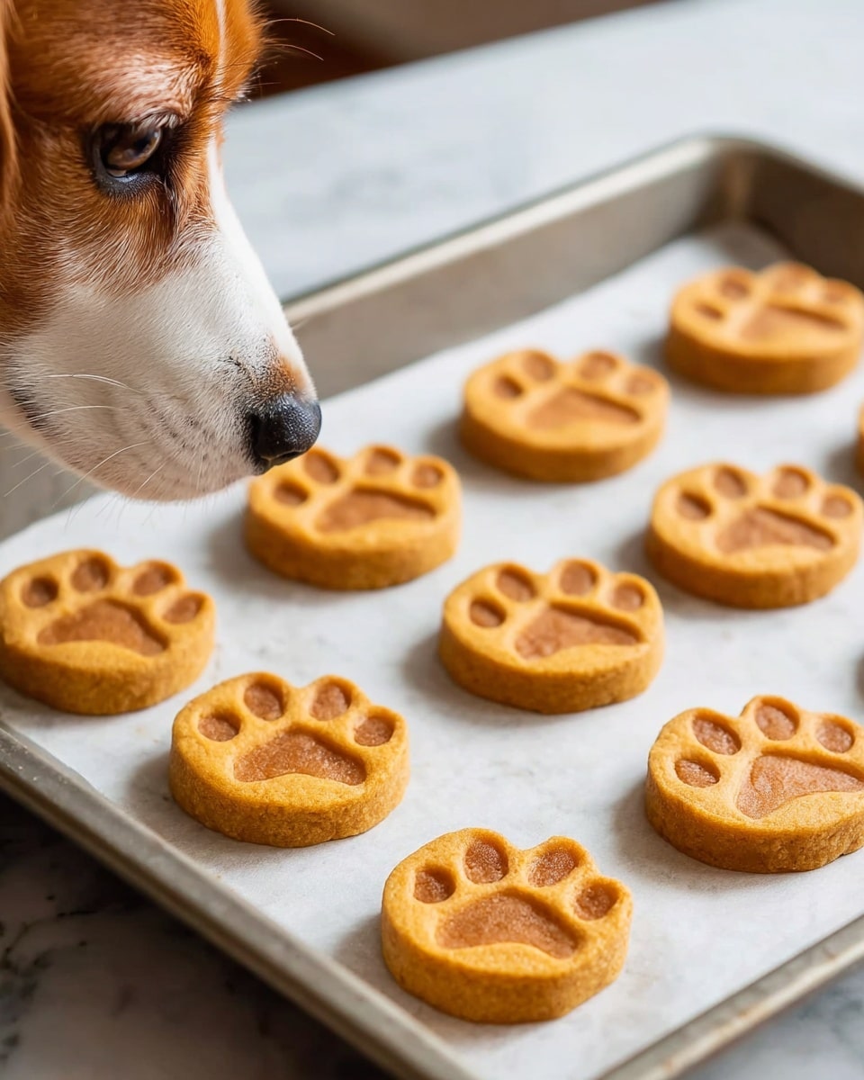 The image shows a silver baking tray lined with parchment paper holding nine golden brown dog paw-shaped cookies, arranged in neat rows. Each cookie has a thick base layer with a slightly darker paw print design pressed into the top, showing a smooth texture on the base and a slightly rougher texture on the paw print area. The tray is placed on a white marbled surface, with a close-up side view of a brown and white dog sniffing the cookies, its nose and eyes focused on the treats. Photo taken with an iphone --ar 4:5 --v 7