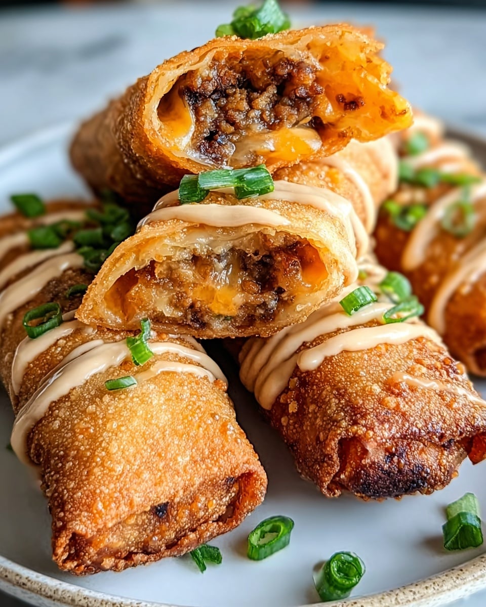The image shows a close-up of a sliced rolled dish with a shiny golden-brown outer layer that looks crispy and caramelized. Inside, there are clearly visible layers of white and yellow filling, possibly cheese and egg, tightly wrapped within the roll. The top is decorated with a smooth orange sauce drizzled in even lines, and small pieces of green chopped herbs scattered to add color contrast. The dish is placed on a dark surface with a blurred white drink cup and a slice of red tomato in the background, all set on a white marbled texture. photo taken with an iphone --ar 4:5 --v 7