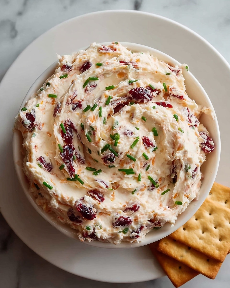 A white bowl holds a thick, creamy spread mixed with visible red bits, likely dried cranberries, and small green herb pieces, giving it a speckled look. The spread is swirled into a round mound with soft peaks and valleys, topped with some fresh green herbs for garnish. Two rectangular golden-brown crackers rest on the side of the bowl, partially under the spread. The bowl is sitting on a white marbled surface. photo taken with an iphone --ar 4:5 --v 7
