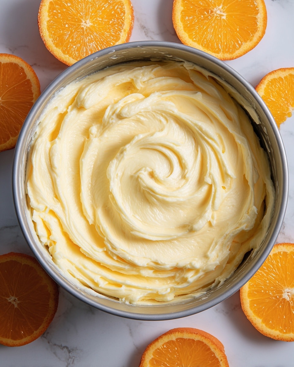A metal bowl filled with creamy yellow buttercream frosting swirled in a circular pattern with soft peaks and ridges, sitting on a white marbled surface. Around the bowl are three bright orange slices with visible texture and juice glistening under the light, adding contrast to the soft frosting. Photo taken with an iphone --ar 4:5 --v 7