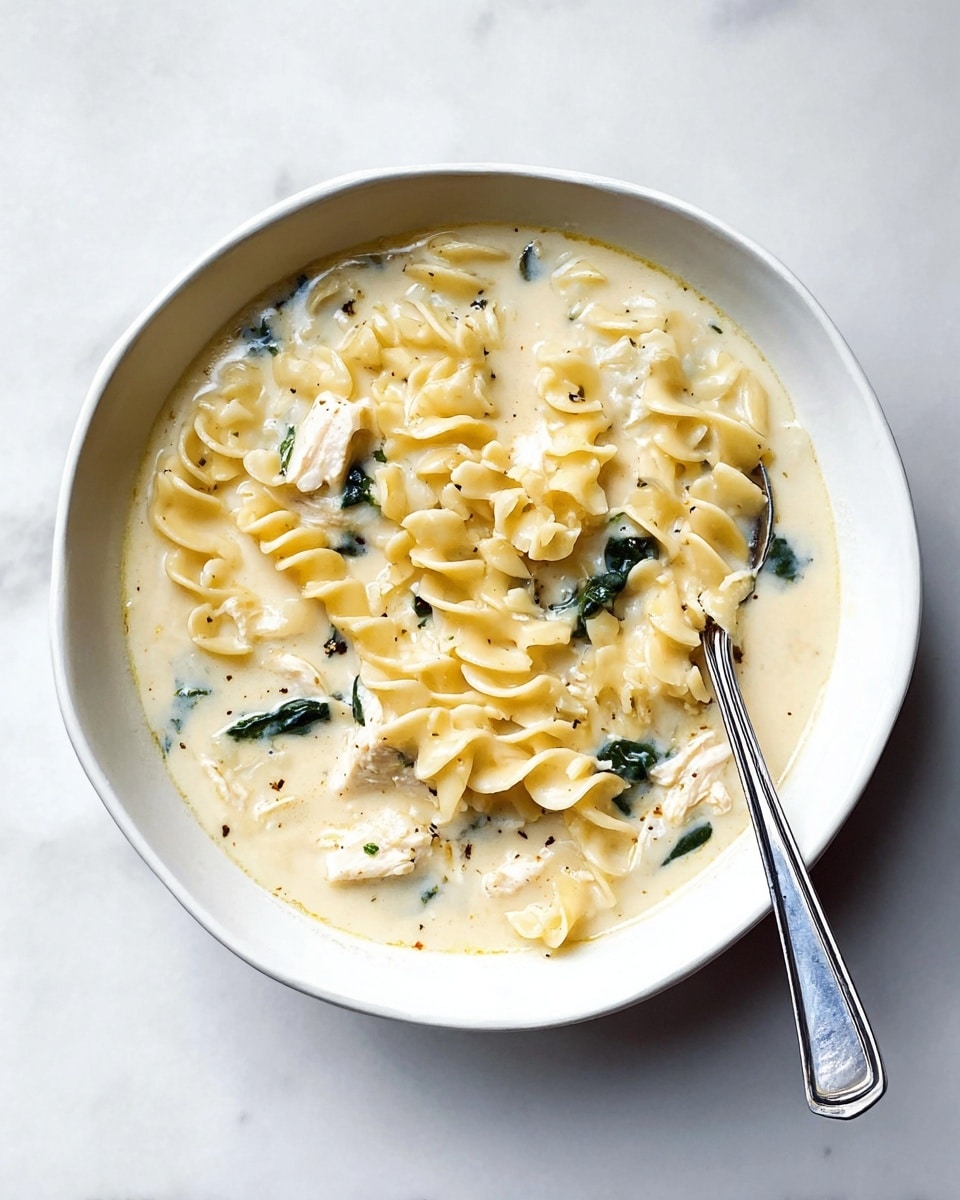 A white bowl filled with a creamy soup that has thick, wavy pasta strips floating in it, with light beige and creamy yellow tones. The soup also has pieces of soft chicken breast, pale white in color, and scattered spinach leaves adding dark green specks throughout. The broth looks smooth and thick, covering all layers evenly. A silver spoon rests on the right side of the bowl, partially submerged in the soup. The bowl sits on a white marbled surface. Photo taken with an iphone --ar 4:5 --v 7