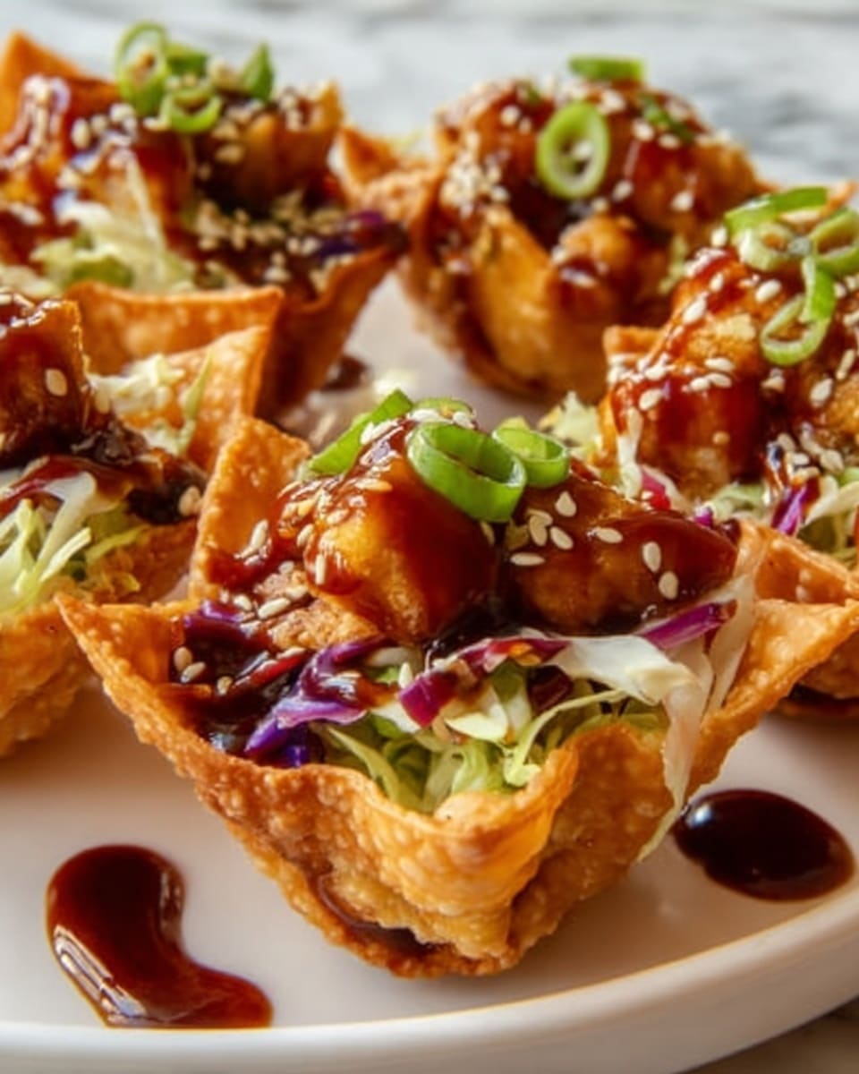 The image shows several crispy golden wonton cups placed closely on a white plate, each filled with layers of colorful ingredients. The bottom layer inside the cups is a mix of finely shredded light green lettuce and purple cabbage, topped with pieces of fried golden tofu or chicken. On top of this, a glossy dark brown sauce is drizzled generously, creating a rich contrast with the bright toppings. Small white sesame seeds and sliced green onions are sprinkled over everything, adding texture and freshness. The plate rests on a white marbled surface. photo taken with an iphone --ar 4:5 --v 7