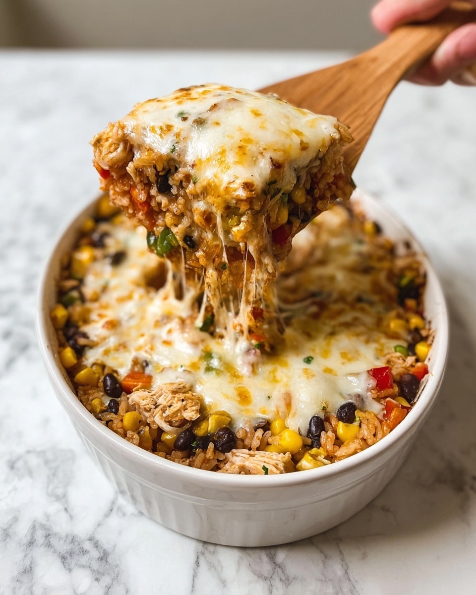 A white round dish filled with a cheesy casserole is shown, with a wooden spatula lifting a square scoop of the dish. The dish has multiple layers: the bottom layer is a mix of cooked rice, black beans, corn kernels, diced green and red bell peppers, and chunks of chicken, featuring warm brown, yellow, green, and red colors. The top layer is melted cheese, golden brown and bubbly with some stringy cheese stretching from the scoop to the dish. A woman's hand is holding the wooden spatula above the dish. The background is a white marbled texture. Photo taken with an iphone --ar 4:5 --v 7