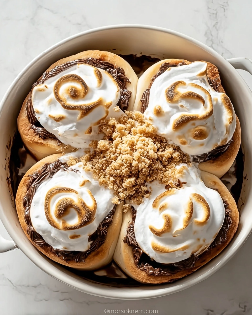 The image shows four soft, light beige rolls placed close together inside a white pot with gold handles. Each roll is topped with a thick layer of smooth, shiny dark chocolate spread that drips slightly down the sides. On top of the chocolate is a generous swirl of toasted white marshmallow, which has a light brown, slightly burnt surface in some places. Small crumbles of chocolate are sprinkled over the marshmallow, adding texture and depth. The pot sits on a white marbled surface, and the photo captures the dessert from above, focusing on the rich contrast between the light rolls, dark chocolate, and fluffy marshmallow. Photo taken with an iphone --ar 4:5 --v 7