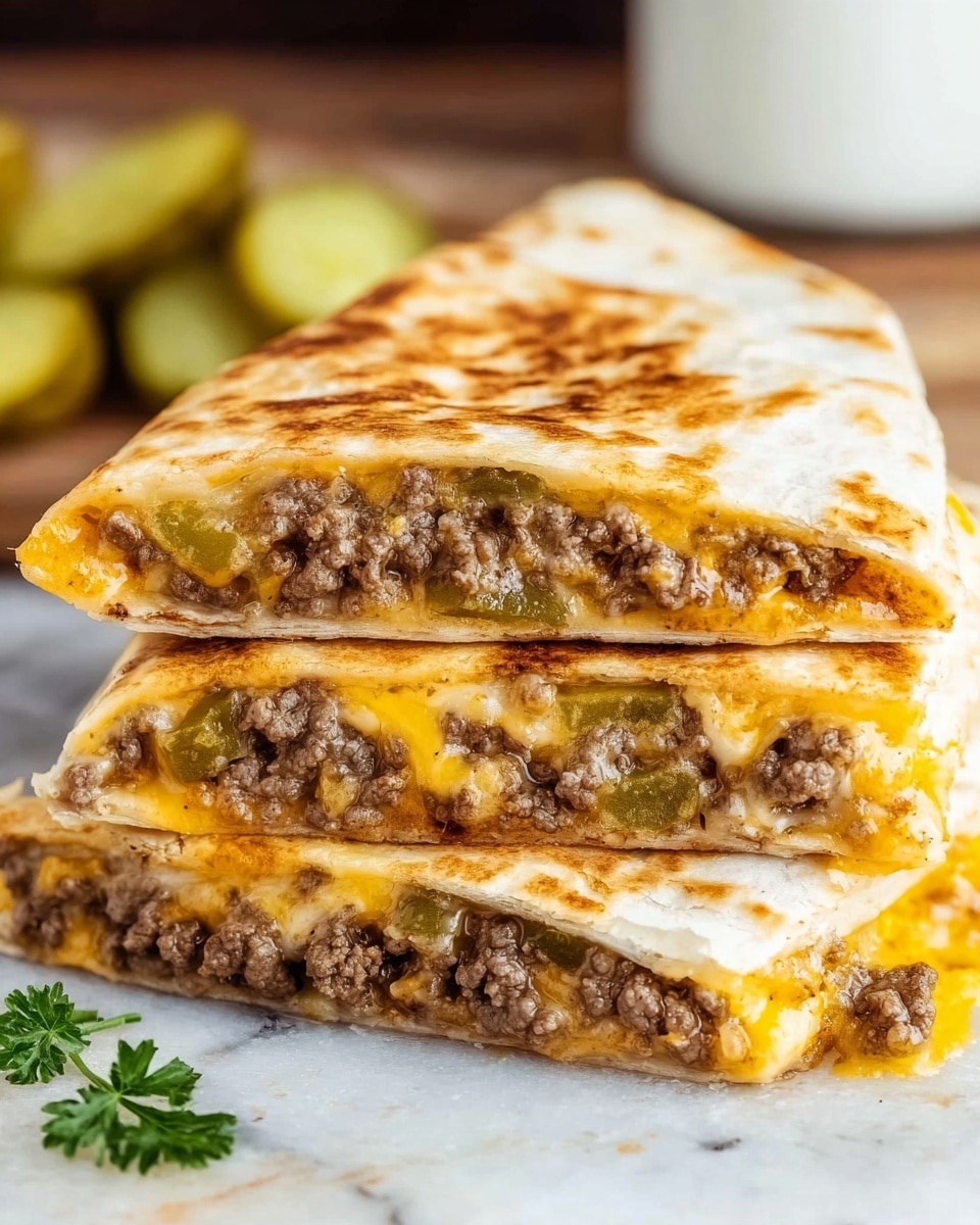 The image shows a stack of three folded quesadilla pieces on a white marbled surface. Each piece has a toasted, slightly browned white tortilla exterior with a soft, slightly crispy texture. Inside, there are two visible layers of melted bright yellow cheese and cooked ground beef mixed with green peppers that fill the quesadilla generously. The layers alternate: tortilla, cheese, beef mix, tortilla, cheese, beef mix, ending with a tortilla on top. The stack is placed near some sliced pickles and a small garnish of green herb visible on the side. Photo taken with an iphone --ar 4:5 --v 7