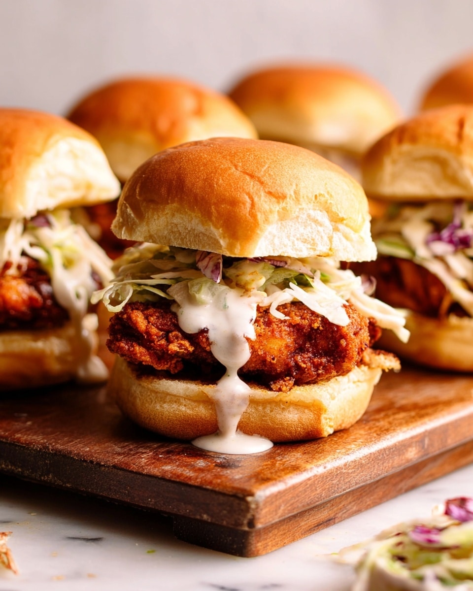 The image shows several small sandwiches on a wooden board set on a white marbled surface. Each sandwich has three layers: a soft, golden-brown top bun, a crispy fried chicken piece with a crunchy reddish-brown texture in the middle, and a bottom bun that is lighter and slightly toasted. Between the chicken and the top bun, there is a layer of creamy white sauce dripping down and a small amount of shredded cabbage that has a pale green and purple color. Some sauce and cabbage pieces have spilled onto the wooden board, adding a messy, fresh look to the scene. photo taken with an iphone --ar 4:5 --v 7