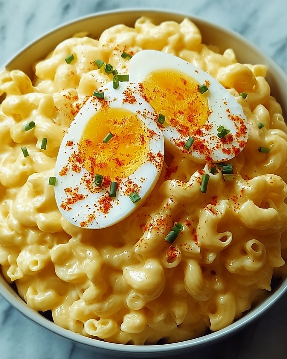 A close-up view of creamy macaroni and cheese served in a white bowl, showing about two layers: the bottom layer consisting of soft, small macaroni pasta coated thickly in bright yellow cheese sauce with a smooth, glossy texture, and the top layer featuring two halves of a hard-boiled egg placed at the center. The eggs have firm, white outer edges and bright yellow yolks sprinkled lightly with reddish paprika powder and small green chive pieces. The bowl sits on a white marbled surface. Photo taken with an iphone --ar 4:5 --v 7