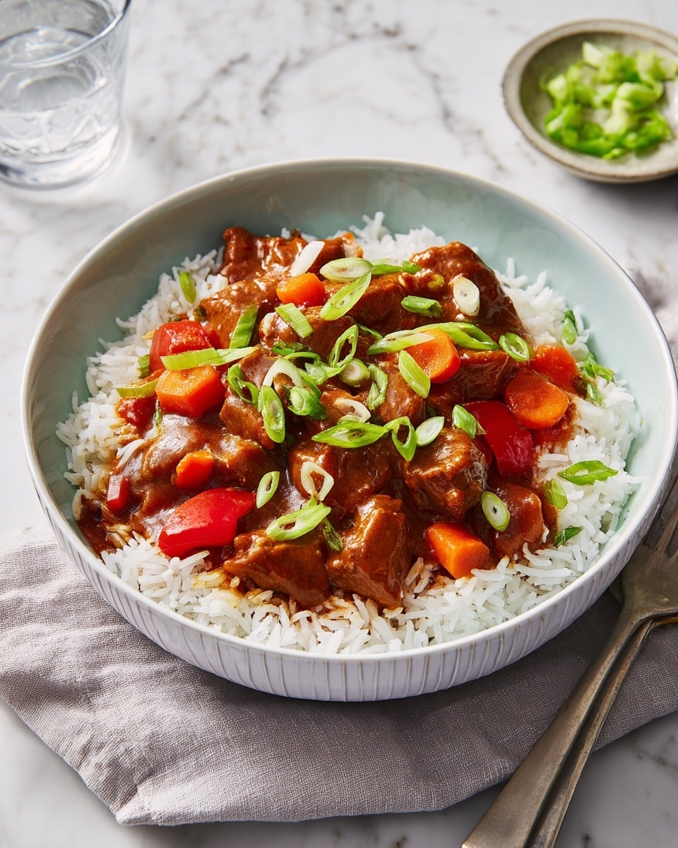 A bowl filled with a base layer of white, fluffy long-grain rice forming a bed at the bottom, topped with several chunks of tender, browned chicken coated in a glossy, rich brown sauce. Scattered throughout the sauce are bright orange carrot pieces and small bits of red bell pepper, adding pops of color. The dish is garnished with thin slices of fresh green onions spread across the top. The bowl is white with a subtle blue tint and a ribbed texture on the side, set on a white marbled surface with a light gray cloth nearby, a glass of water and a small bowl of green onion slices off to the side. Photo taken with an iphone --ar 4:5 --v 7