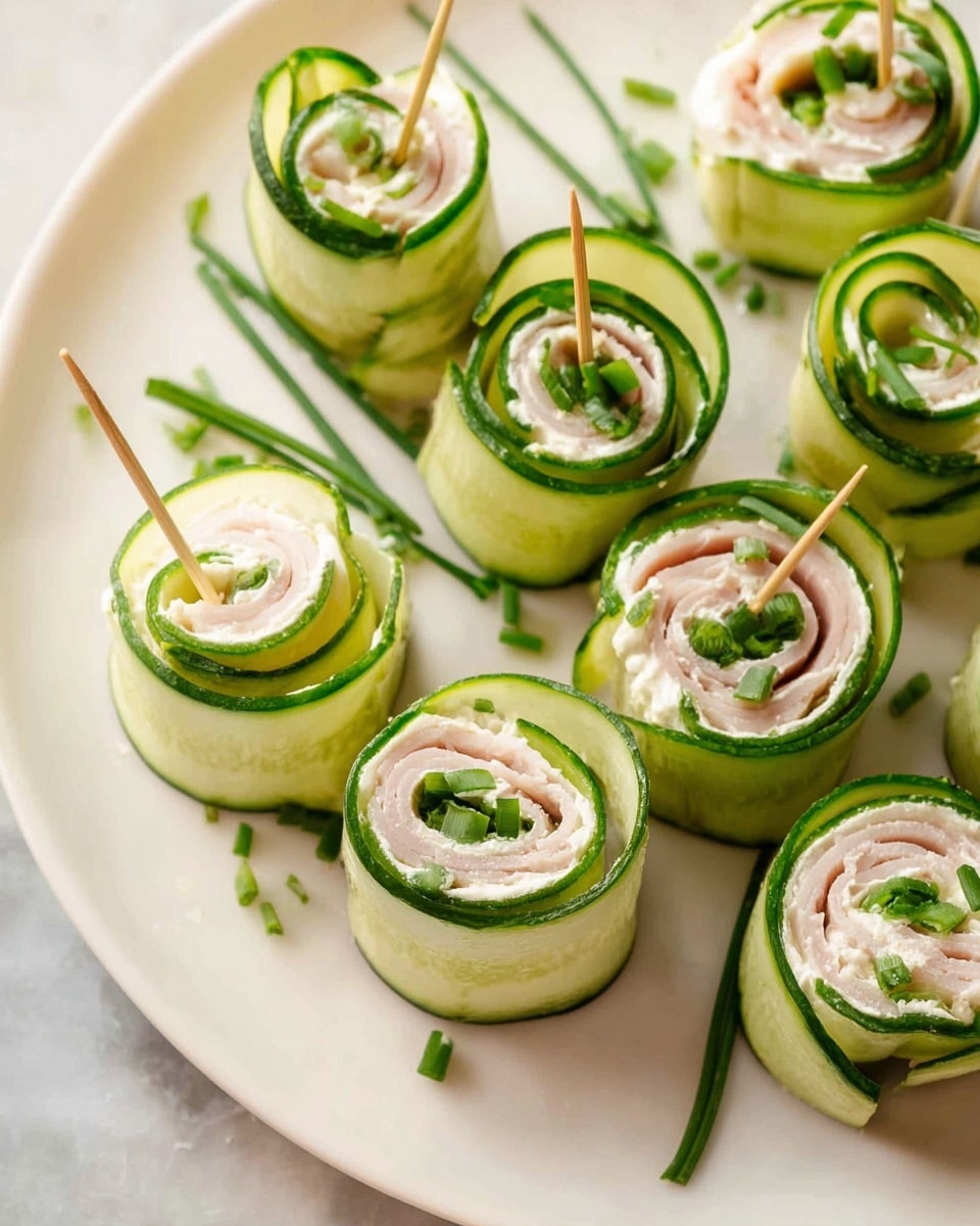 The image shows a white plate with several small cucumber roll-ups arranged neatly. Each roll-up has three visible layers: the outer layer is a thin green cucumber slice with visible textured skin, the middle layer is a creamy white spread, and the inner layer consists of thin slices of light pink turkey. The rolls are secured with toothpicks and sprinkled with small green chive pieces. A few extra cucumber slices are placed on the plate around the roll-ups, all resting on a white marbled surface. photo taken with an iphone --ar 4:5 --v 7