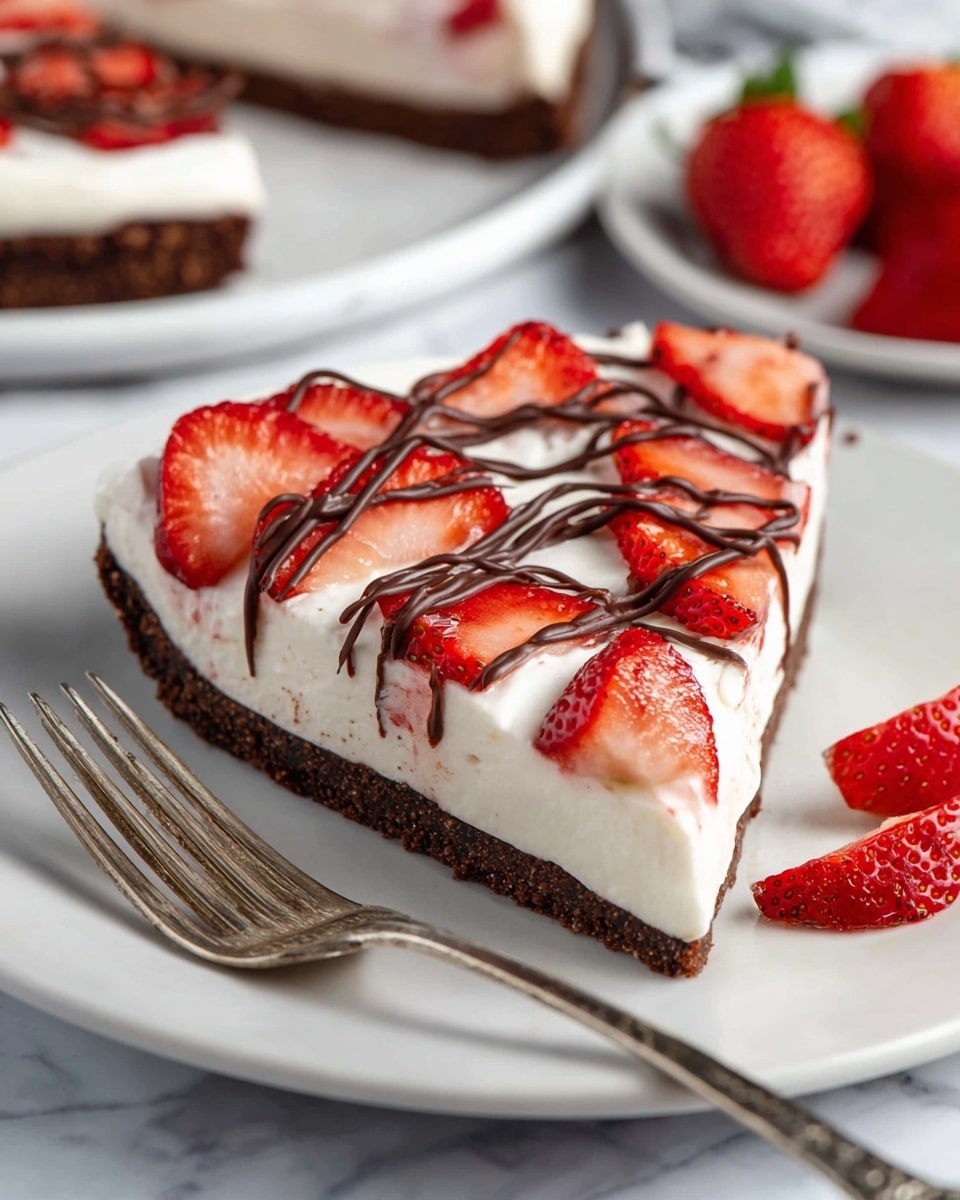 A slice of dessert with three main layers sits on a white plate. The bottom layer is a dark brown, textured, thick crust that looks crunchy. Above it is a smooth white layer of creamy topping, spread evenly. On top of the white layer are fresh, bright red strawberry slices scattered around. Thin lines of dark brown chocolate drizzle cross over the strawberries and the creamy layer, creating a web-like pattern. Next to the slice is an old-looking silver fork with decorative handle details. In the background, there are more strawberry slices and another dessert slice on a white plate, all set on a white marbled surface. Photo taken with an iphone --ar 4:5 --v 7