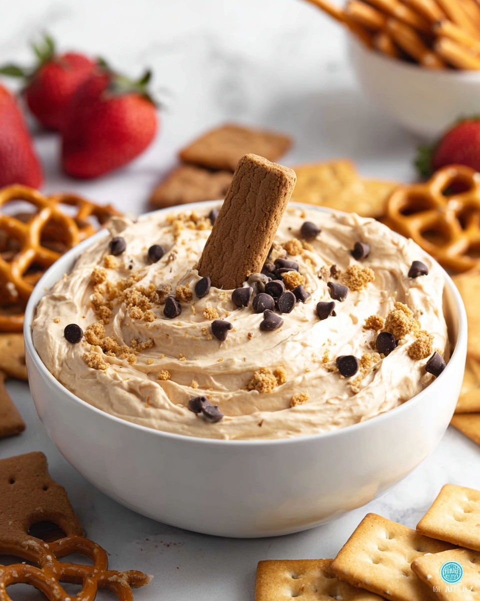 A white bowl filled with a creamy light brown dip that has a smooth and slightly chunky texture. The dip is topped with small dark brown chocolate chips and crumbled cookie pieces scattered across the surface. A single whole rectangular brown cookie stands upright in the middle of the dip. Surrounding the bowl are more rectangular brown cookies, some square brown crackers, and pretzels in the background. There are also some red strawberries and a partially visible white bowl in the back, all placed on a white marbled surface. Photo taken with an iphone --ar 4:5 --v 7