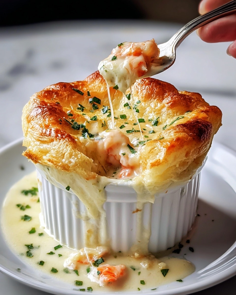 A white ceramic ramekin filled with a baked dish featuring a golden brown, puffy top crust sprinkled with small green herb pieces. Underneath the crust, there is a creamy white sauce mixed with soft orange chunks, likely cooked carrots or seafood, and stretchy melted cheese visible as it oozes down the side. The ramekin sits on a white plate with some sauce and chopped herbs spilled around it. At the top right, a woman's hand holding a spoon is pulling back a portion of the crust, revealing the gooey melted filling inside. The scene rests on a white marbled textured surface. photo taken with an iphone --ar 4:5 --v 7