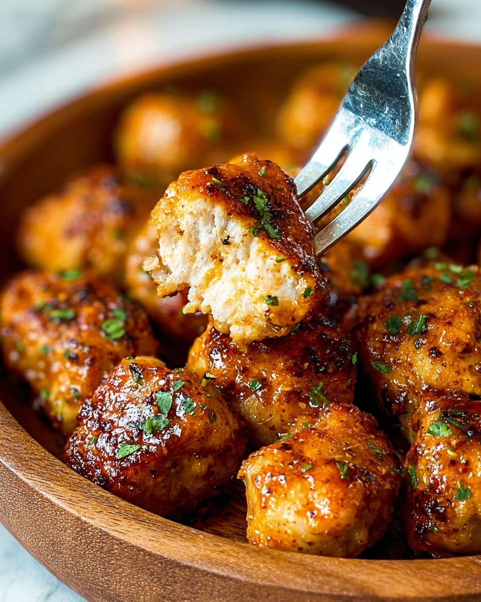 A close-up image of small, golden brown chicken bites cooked with a slightly crispy, spiced outside layer, sprinkled with finely chopped green herbs, all placed in a round wooden pan. One piece is held up on a shiny metal fork, showing the white, tender inside texture of the chicken. The chicken pieces have a glossy, oily finish that makes them look juicy and well-seasoned. The background is a white marbled texture. photo taken with an iphone --ar 4:5 --v 7