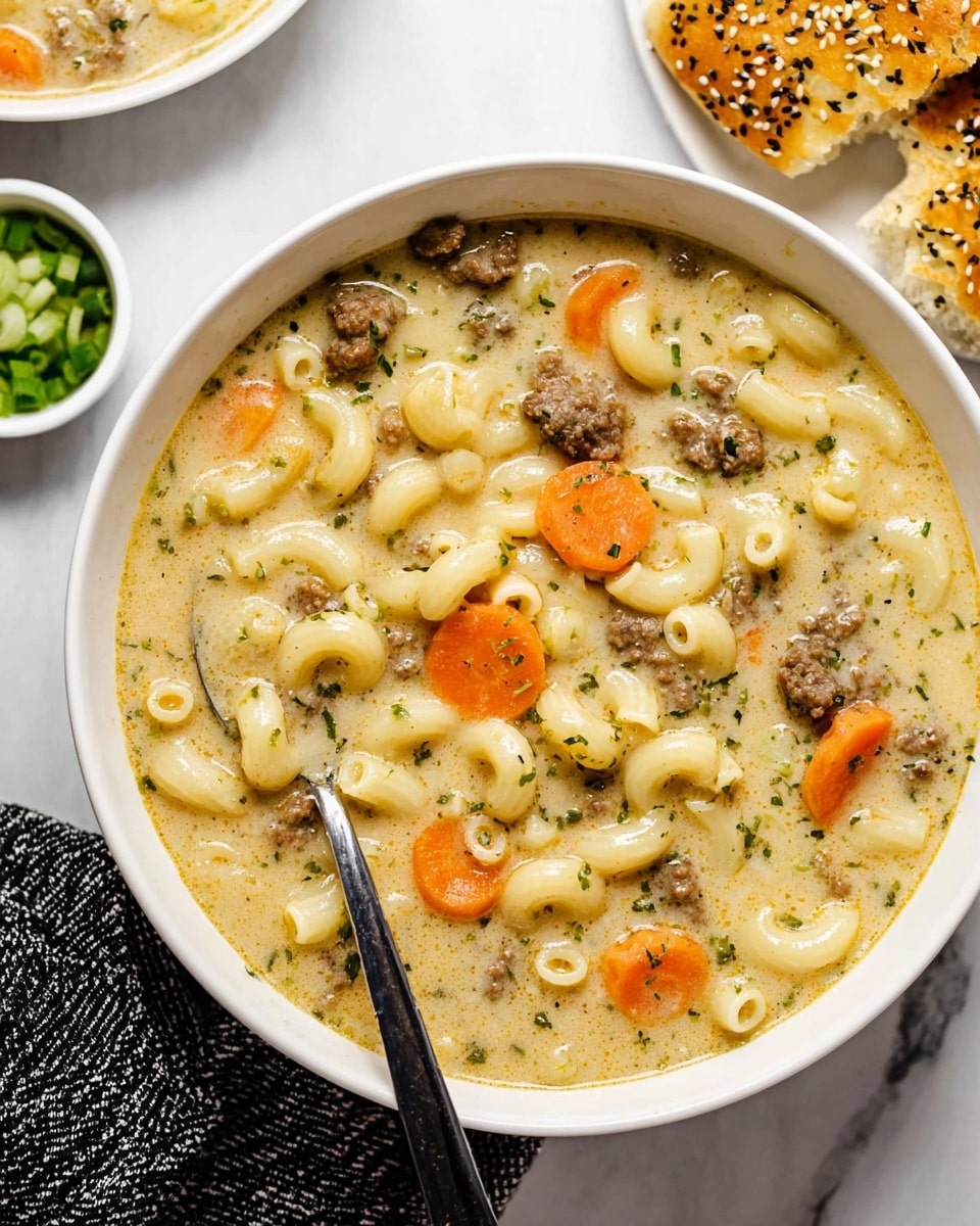 The image shows a white bowl filled with creamy soup that has three main layers: pale yellow macaroni noodles with a glossy texture, round orange carrot slices scattered throughout, and small pieces of browned ground meat mixed evenly. The creamy broth has a slightly speckled look from herbs and tiny green bits, giving it a rich texture. A silver spoon rests inside the bowl, slightly submerged in the soup. The bowl is placed on a white marbled surface with a black and white cloth partially visible at the bottom left. There are small white bowls with green chopped scallions and golden toasted bread with sesame seeds nearby. Photo taken with an iphone --ar 4:5 --v 7
