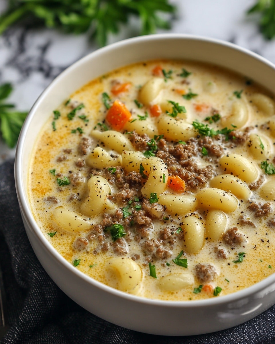 A white bowl filled with creamy soup that has three main layers: a pale yellow, thick broth, cooked macaroni noodles that are light yellow and curved, and browned ground meat scattered on top. Pieces of small orange carrot bits and chopped bright green parsley are mixed in, adding color contrast. The soup is dotted with black pepper throughout, giving texture and speckled look. The bowl is set on a dark cloth over a surface with a white marbled texture, and some blurred green herbs appear in the background. Photo taken with an iphone --ar 4:5 --v 7