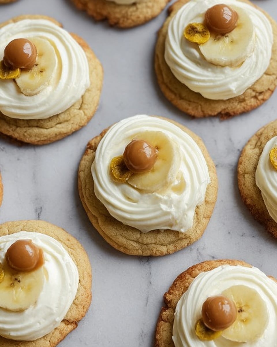 The image shows several soft cookies arranged on a white marbled surface. Each cookie has two layers: the base layer is a thick, light golden cookie with a slightly cracked texture, and the top layer is a smooth swirl of white cream spread evenly across the cookie surface. On top of the cream, there are two small toppings placed near the center—a round caramel-colored candy and a single dried banana chip, both adding a pop of color and texture contrast. The cookies are spaced evenly, creating a neat and appealing pattern. Photo taken with an iphone --ar 4:5 --v 7