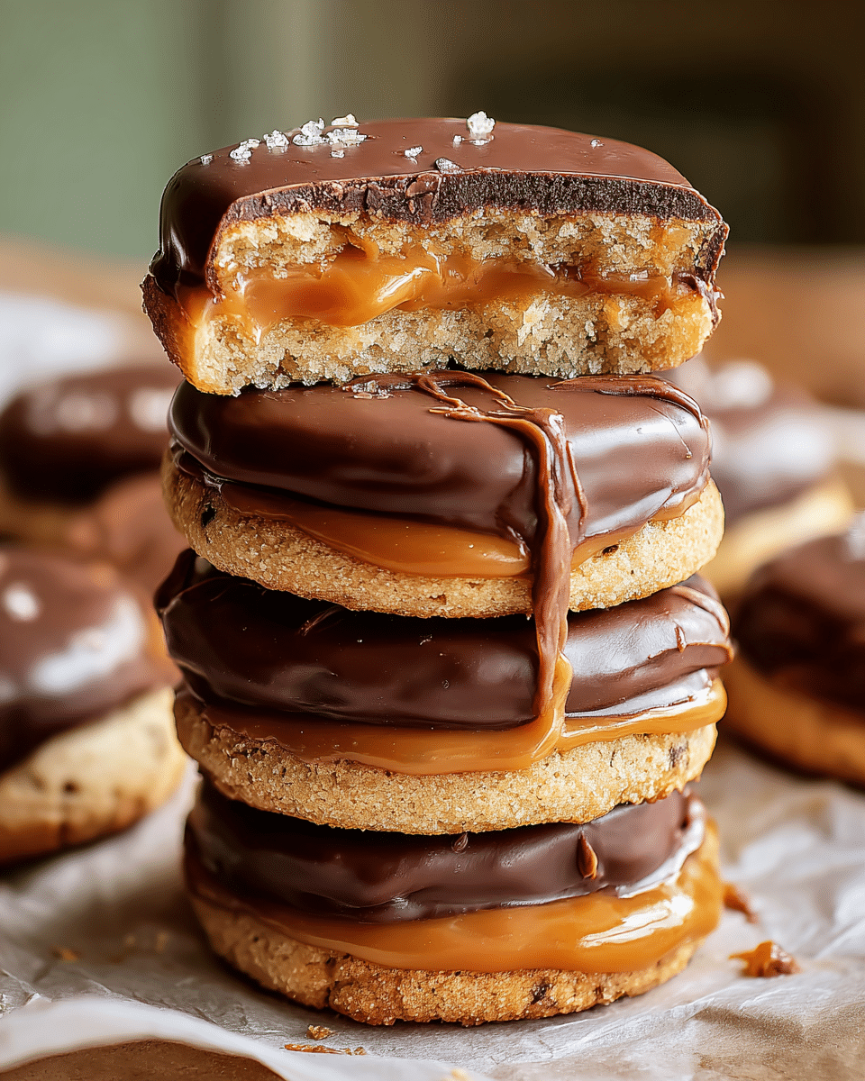 A stack of four round cookies sits on a crinkled sheet with a white marbled surface underneath. Each cookie has three visible layers: a crumbly golden cookie base, a thick middle layer of shiny caramel with a slightly soft texture, and a smooth dark brown chocolate layer coating the top, dripping slightly over the edges. On top of the stack, a cookie cut in half shows the layers clearly, with the caramel glistening and stretching a little between the pieces. The background is softly blurred, focusing on the cookies. photo taken with an iphone --ar 4:5 --v 7