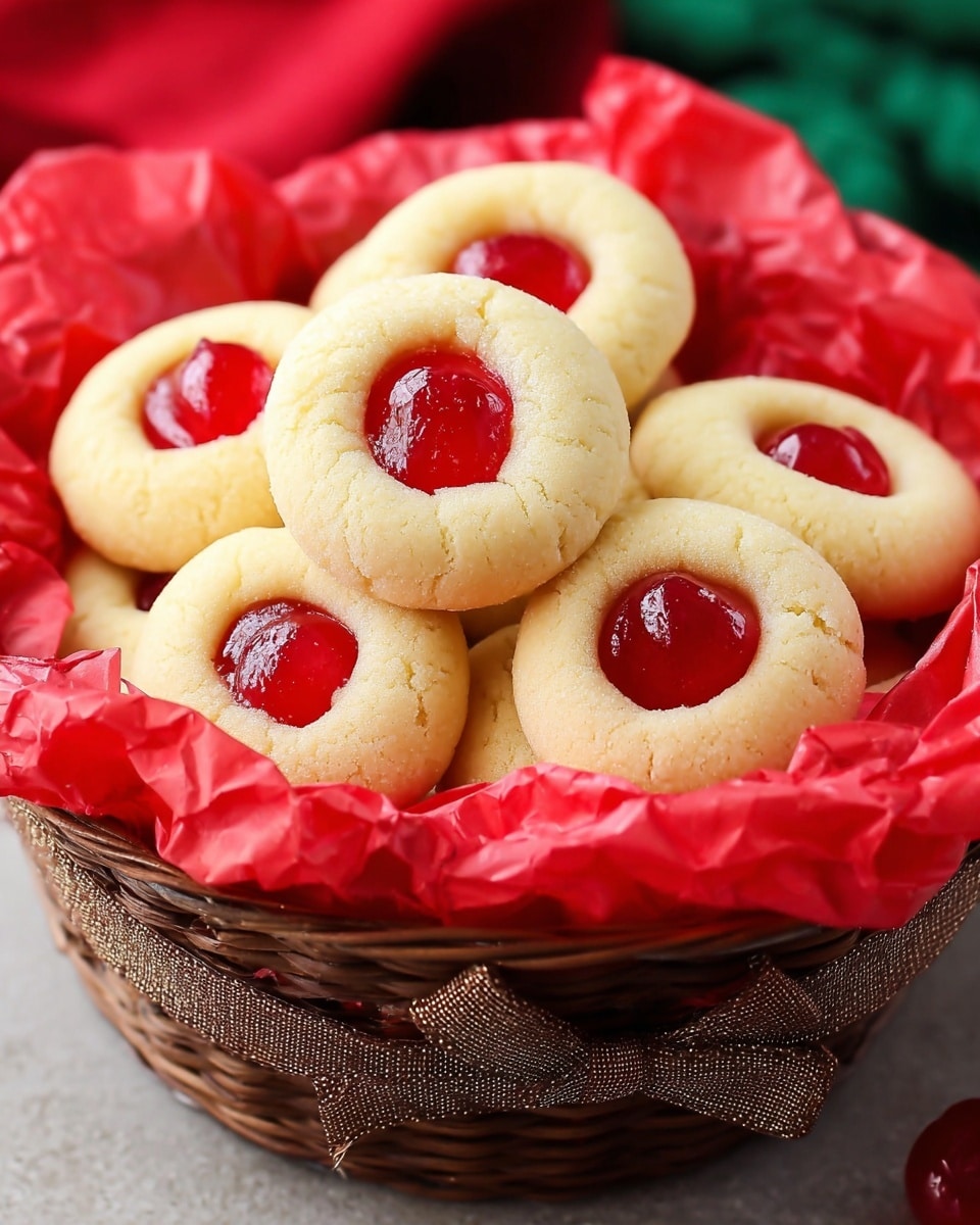 A basket filled with round cookies that have a smooth, pale yellow surface and a shiny, bright red cherry placed in the center of each cookie. The basket is lined with crinkled red paper, creating a soft bed for the cookies, and tied with a brown satin ribbon around its base. In the background, red and green cloth fabrics are slightly blurred. The image is sharp and bright, highlighting the soft texture of the cookies and the glistening cherries. photo taken with an iphone --ar 4:5 --v 7