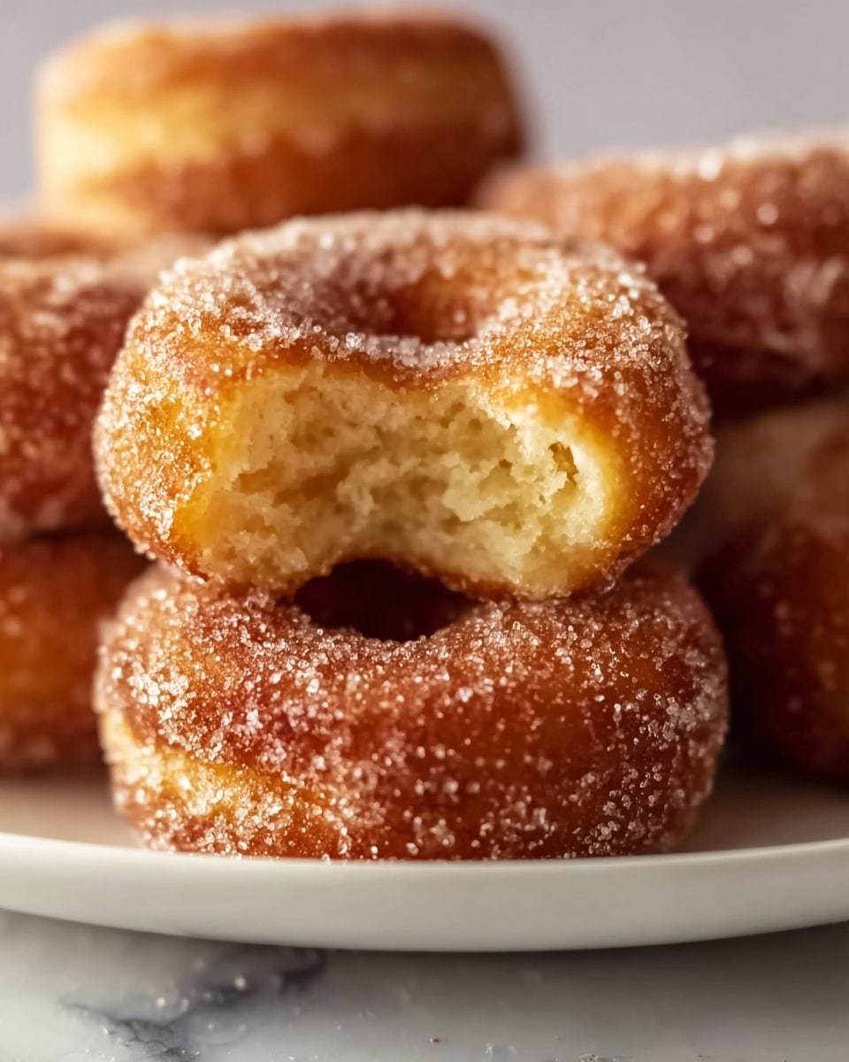 A close-up view of small, round doughnuts stacked on a white plate with a white marbled surface. The doughnuts have a golden-brown color and are thickly coated in granulated sugar, giving a sparkly texture to the surface. One doughnut is in the center with a bite taken out, showing its soft, airy, light yellow inside with a slightly spongy texture. The focus is sharp on the bitten doughnut, while the others behind it are slightly blurred. Photo taken with an iphone --ar 4:5 --v 7