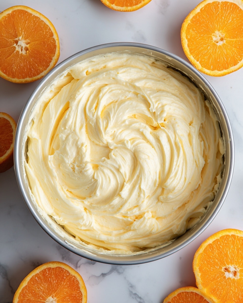 A round metal bowl sits on a white marbled surface, filled with a single thick layer of creamy, pale yellow whipped mixture, swirled in soft peaks and smooth wave patterns across the entire surface. Around the bowl, there are four bright orange halves with vibrant pulp and white pith visible, placed at the edges of the image. Photo taken with an iphone --ar 4:5 --v 7