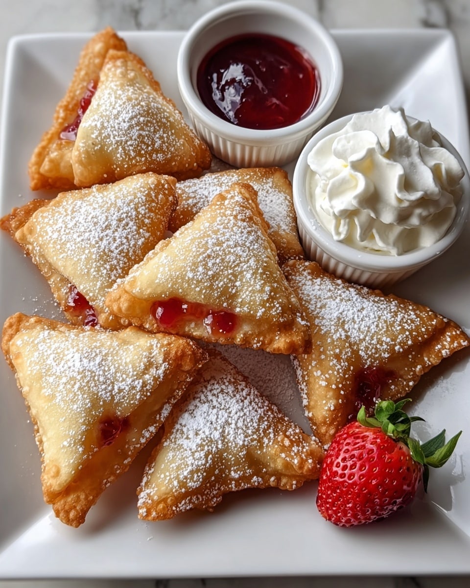 A white square plate holds seven golden brown, triangle-shaped fried pastries dusted with a light layer of powdered sugar, each showing hints of red filling peeking through small openings. Near the top right corner of the plate is a small white bowl filled with fluffy, white whipped cream, and behind the pastries, another small white bowl contains a deep red jam. Two halves of a bright red strawberry with green leaves sit on the lower right side of the plate beside the pastries. The plate rests on a surface with a white marbled texture. Photo taken with an iphone --ar 4:5 --v 7