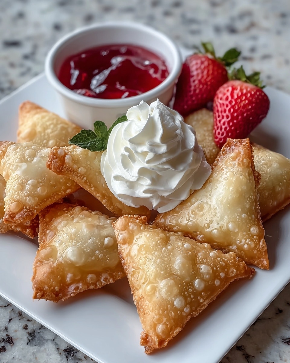 A white square plate holds a stack of golden brown, crispy triangular pastries with a bubbly texture on their surface. In the center front of the plate, there is a dollop of white whipped cream with soft, swirled peaks. To the right of the cream, there is a whole fresh red strawberry with a green leafy top, and a sliced strawberry placed near the back on top of the pastries. A small white bowl filled with bright red jelly sits near the strawberries on the plate. The plate rests on a white marbled texture surface. photo taken with an iphone --ar 4:5 --v 7