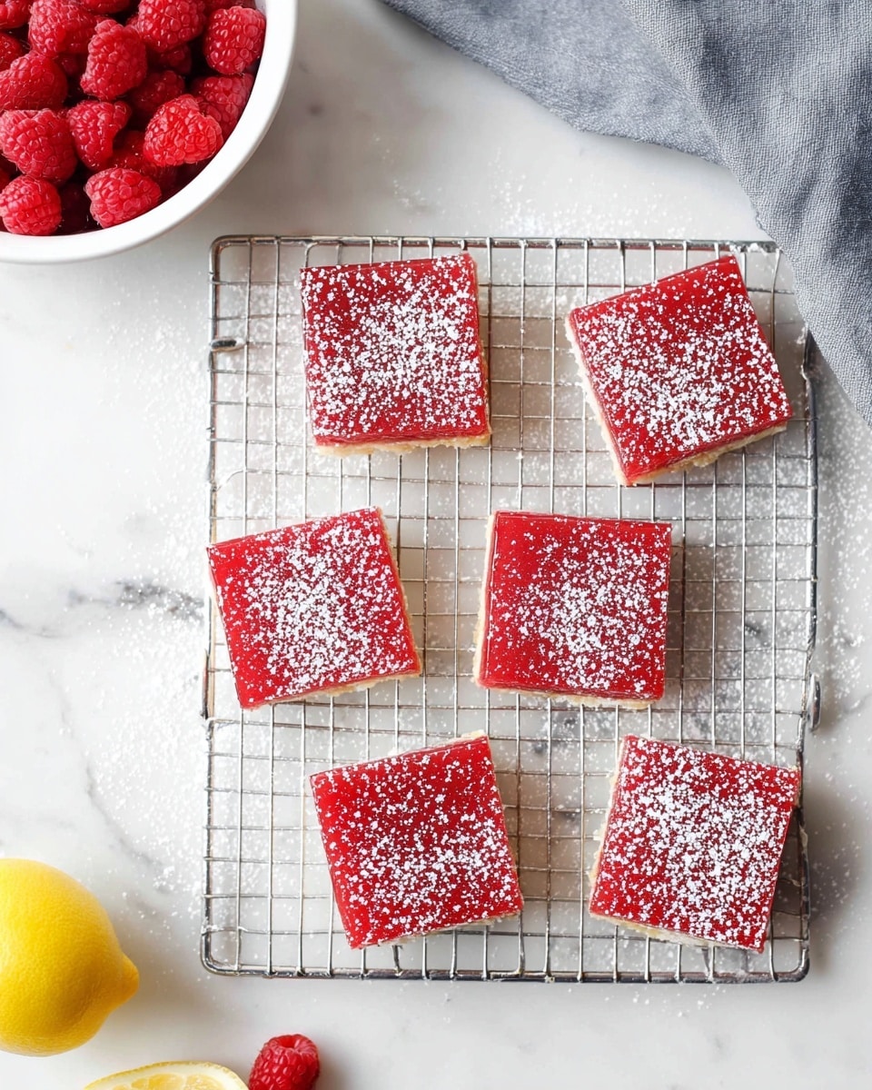 Six square dessert bars with a smooth, bright red top layer dusted lightly with white powdered sugar sit evenly spaced on a silver cooling rack. Each bar shows a thin lighter base layer beneath the glossy red top. The rack rests on a white marbled surface with a few scattered powdered sugar spots nearby. In the top left corner, a white bowl filled with fresh red raspberries adds a vibrant contrast, while a grey cloth lies softly folded at the upper right edge. A yellow lemon half and a single raspberry rest on the surface near the bottom left corner. Photo taken with an iphone --ar 4:5 --v 7