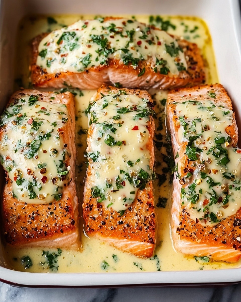 The image shows four thick pieces of salmon fillet arranged closely in a white baking dish. Each piece has a crispy, golden-brown crust on the edges, while the flesh is a soft, light pink color with white lines showing the fish's texture. On top of each fillet is a creamy, pale yellow sauce layer that looks smooth and slightly melted, sprinkled with small chopped dark green herbs. The sauce pools slightly around the salmon, mixing with the fresh herbs and small pepper flakes. The dish is set on a white marbled surface. photo taken with an iphone --ar 4:5 --v 7
