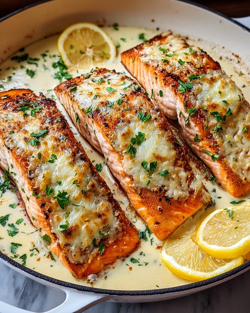 Three thick pieces of cooked salmon fillets lie side by side in a white pan filled with creamy sauce. Each fillet is topped with a browned, bubbly layer of melted cheese, sprinkled with small green parsley leaves. The salmon's surface shows flaky pink-orange flesh with lightly charred edges. At the back, there are two bright yellow lemon wedges resting on the sauce. The pan sits on a white marbled surface. photo taken with an iphone --ar 4:5 --v 7